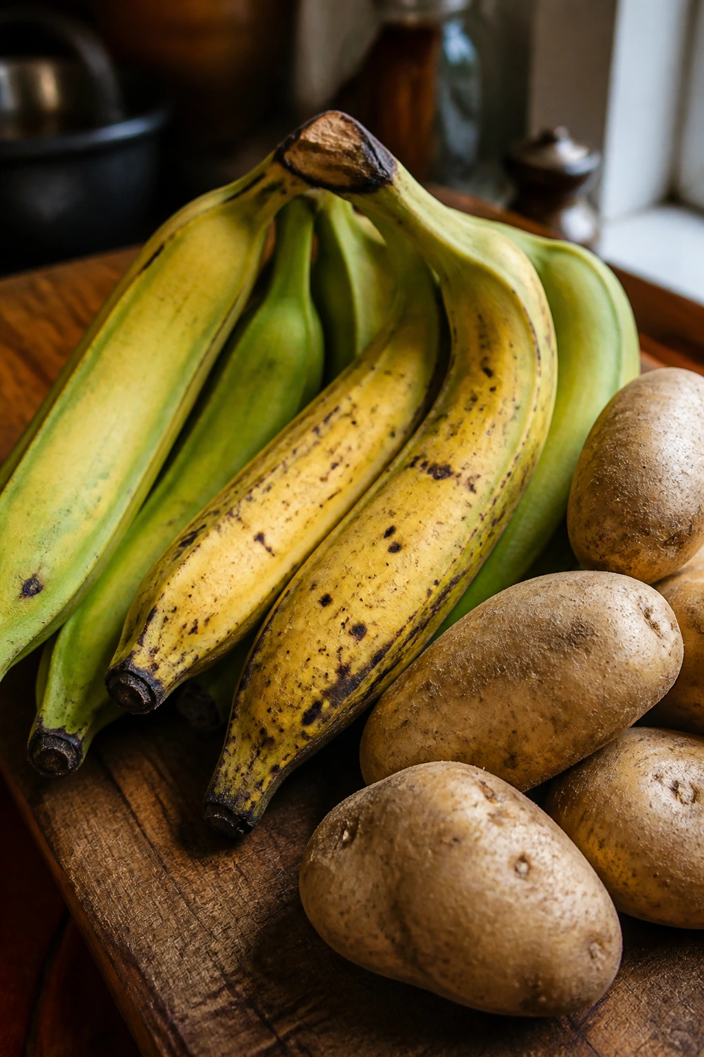 Plantain Vs Potato: Which is Better? Let's Find Out 3 Close-up of plantains and potatoes on a wooden board in warm kitchen light