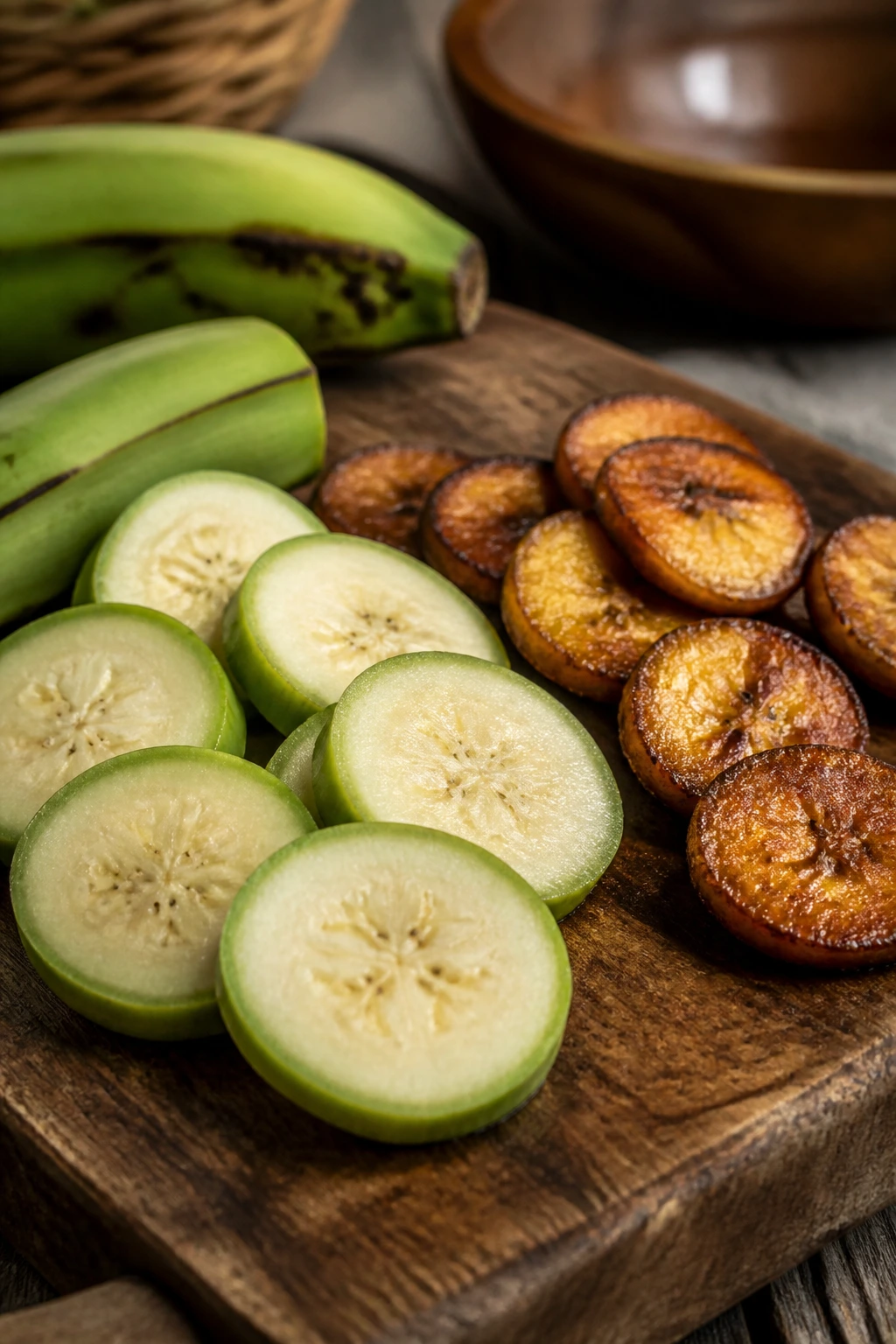 Plantains showing raw and cooked slices on a cutting board