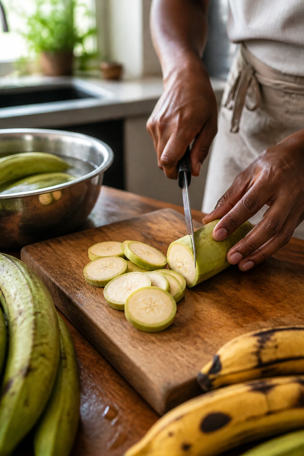 Close-up of plantains being washed and sliced on a cutting board in a bright kitchen