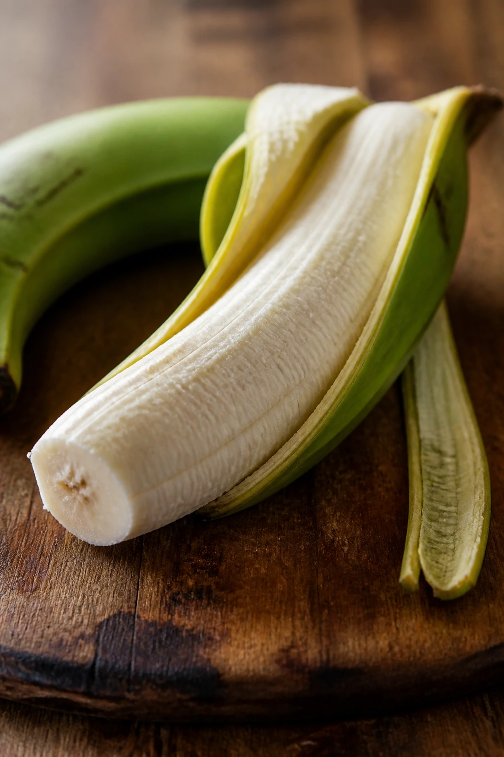 Peeled green plantain showing white starch on wooden board