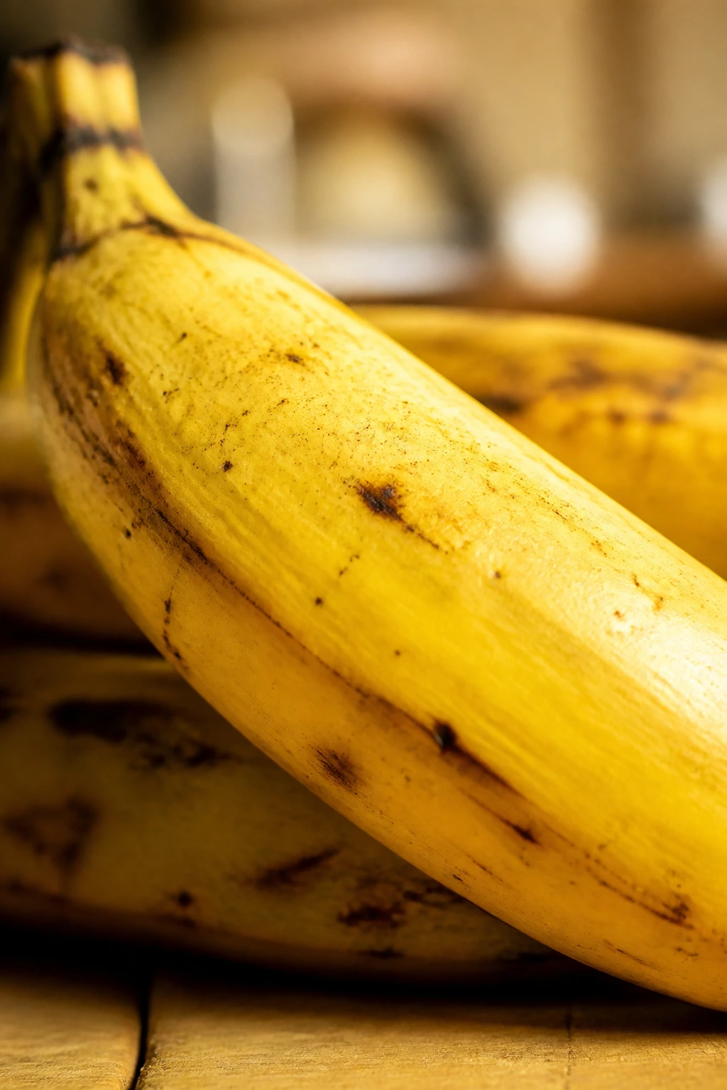Close-up of a ripe yellow plantain in a cozy kitchen
