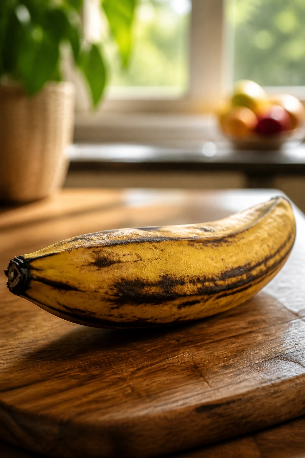 Single ripe plantain on a wooden cutting board
