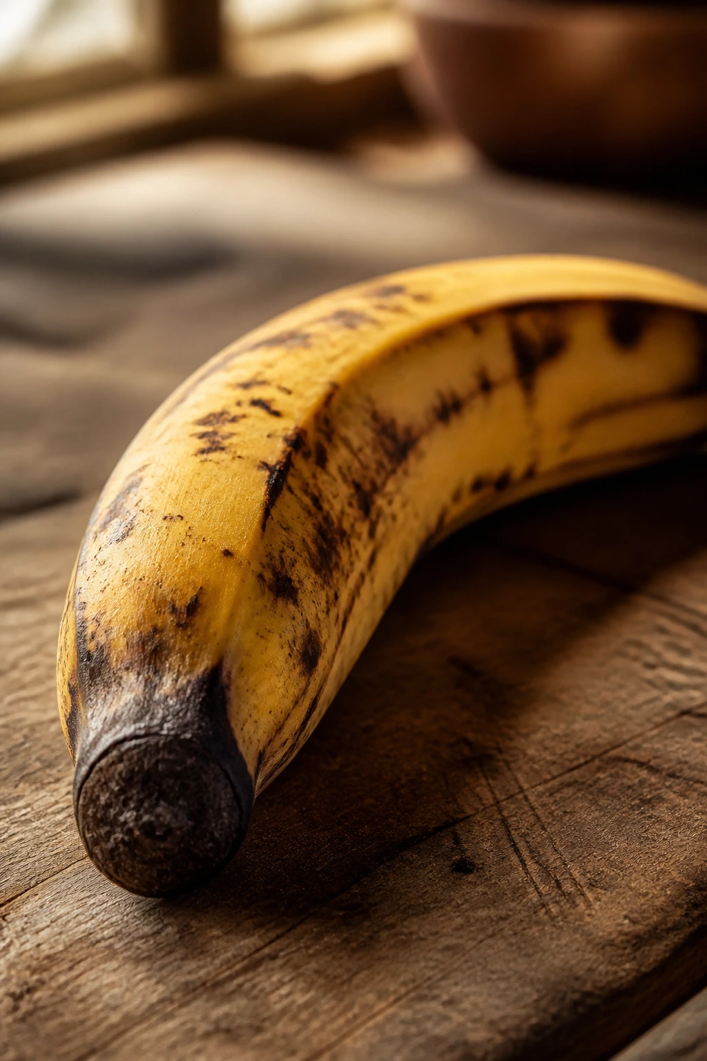 Close-up of a ripe plantain on a wooden kitchen counter with warm light