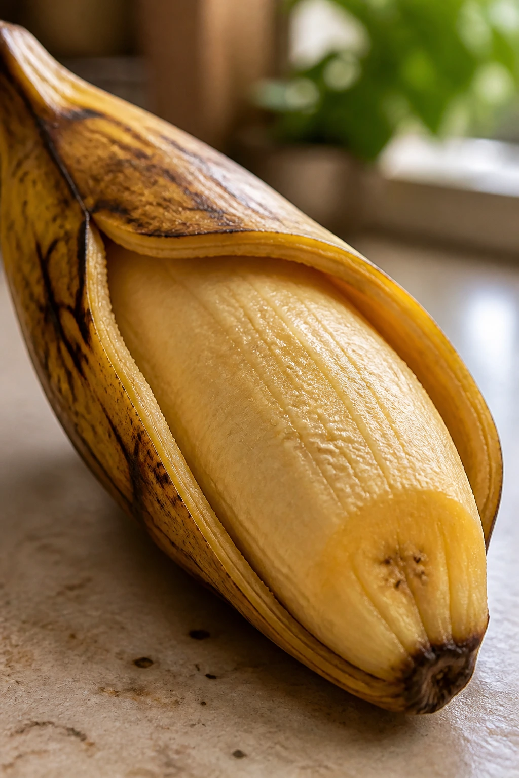 Can Guinea Pigs Eat Plantains? What You Need To Know 1 Close-up of a ripe plantain with peeled skin on a wooden kitchen counter.