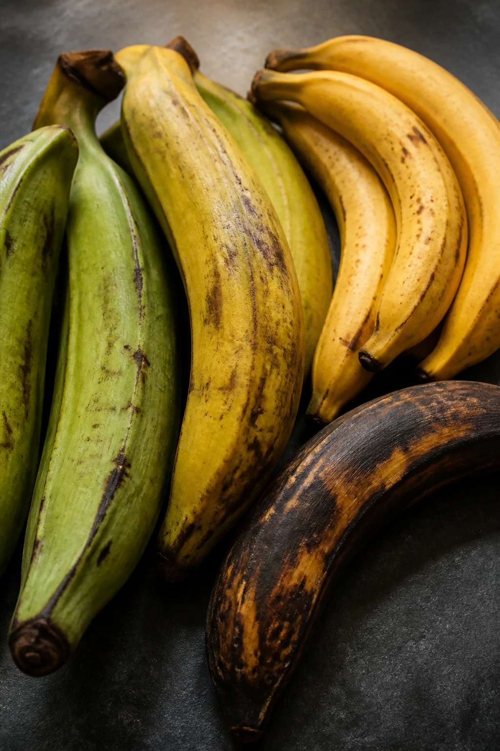 Close-up of plantains with different ripeness on slate surface