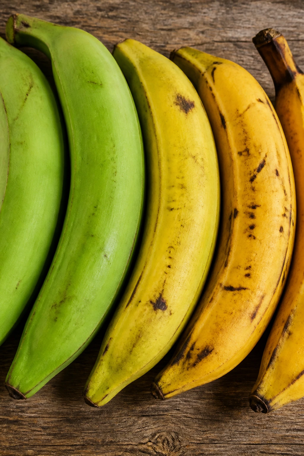 Plantains at varying ripeness on a rustic surface