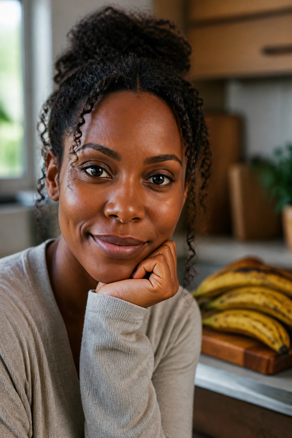 Close-up portrait of a real person in a kitchen with plantains on the counter behind, illustrating ripening plantains FAQs