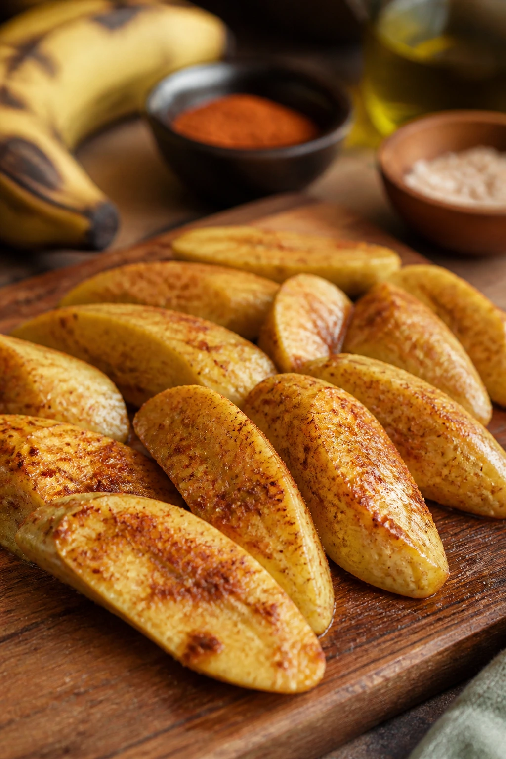 Seasoned plantains with paprika and garlic powder on a wooden board