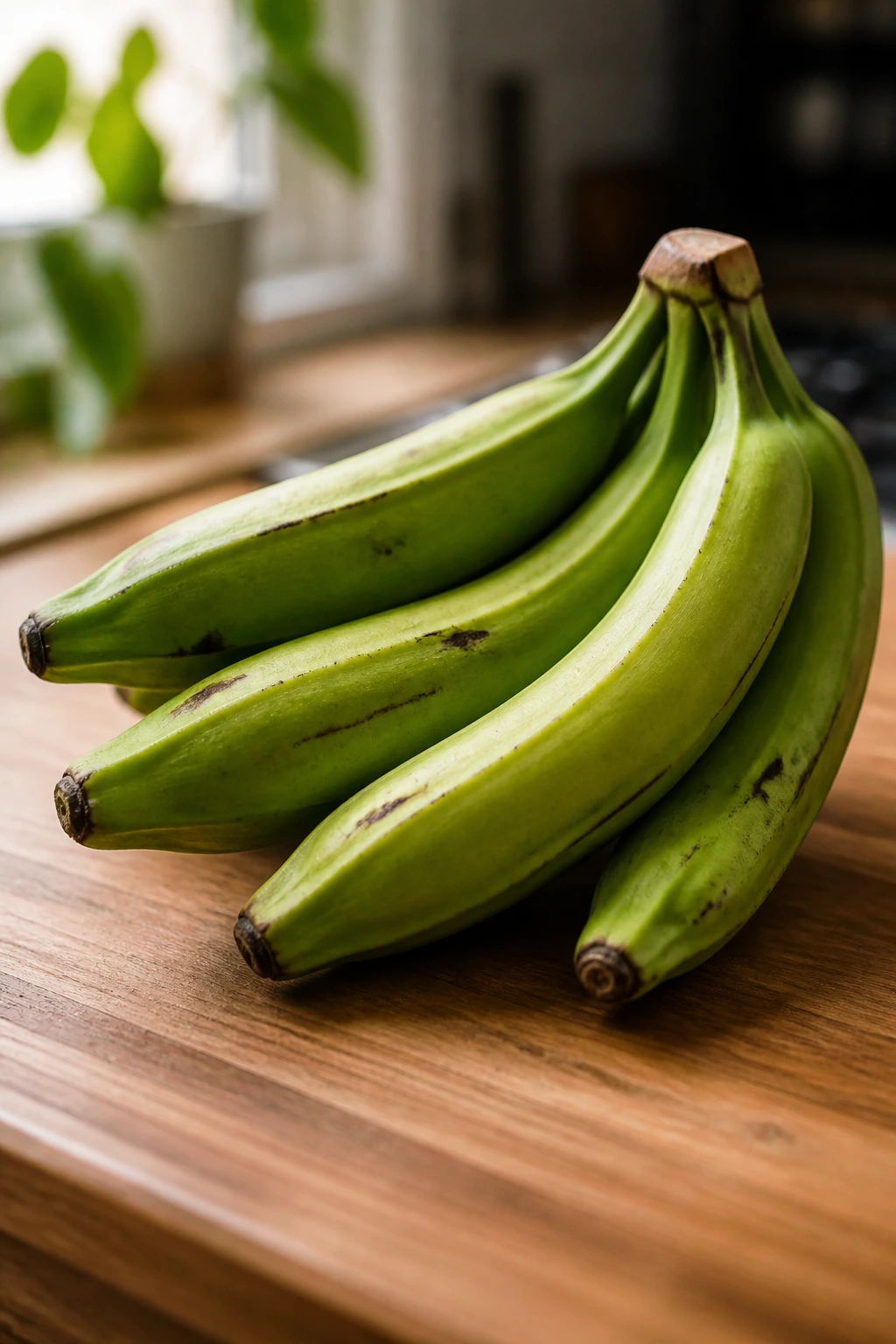 Firm green plantains on a wooden counter ready for grilling