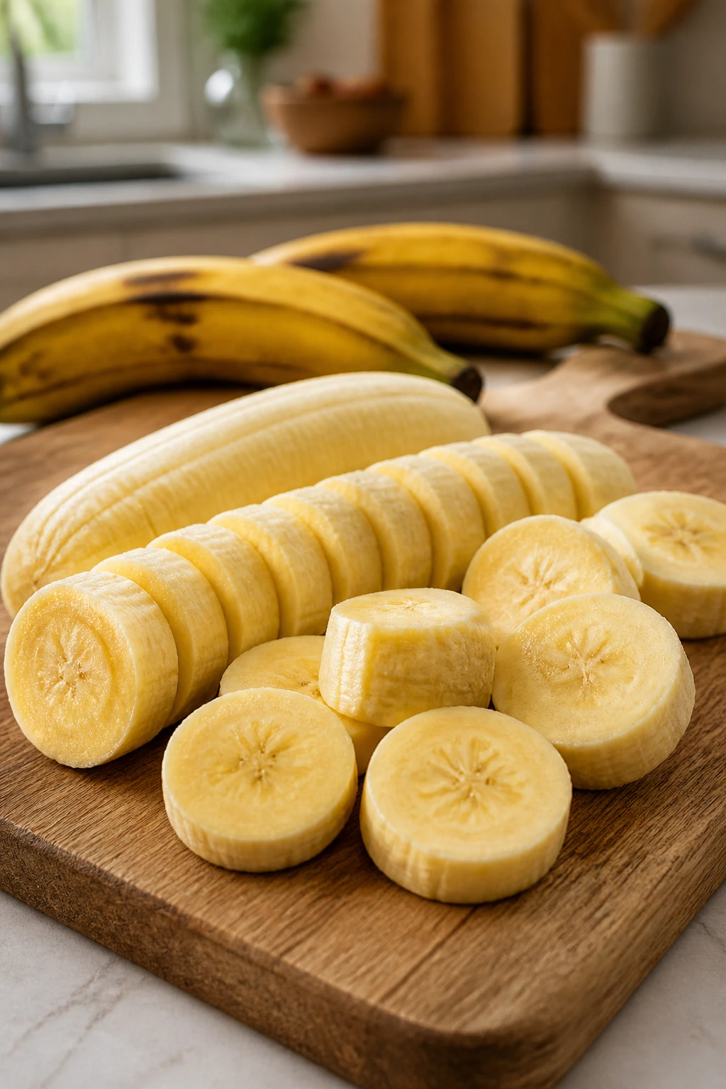 Can You Freeze Plantains? All You Need To Know 3 Sliced and peeled plantains on a cutting board in a bright kitchen.