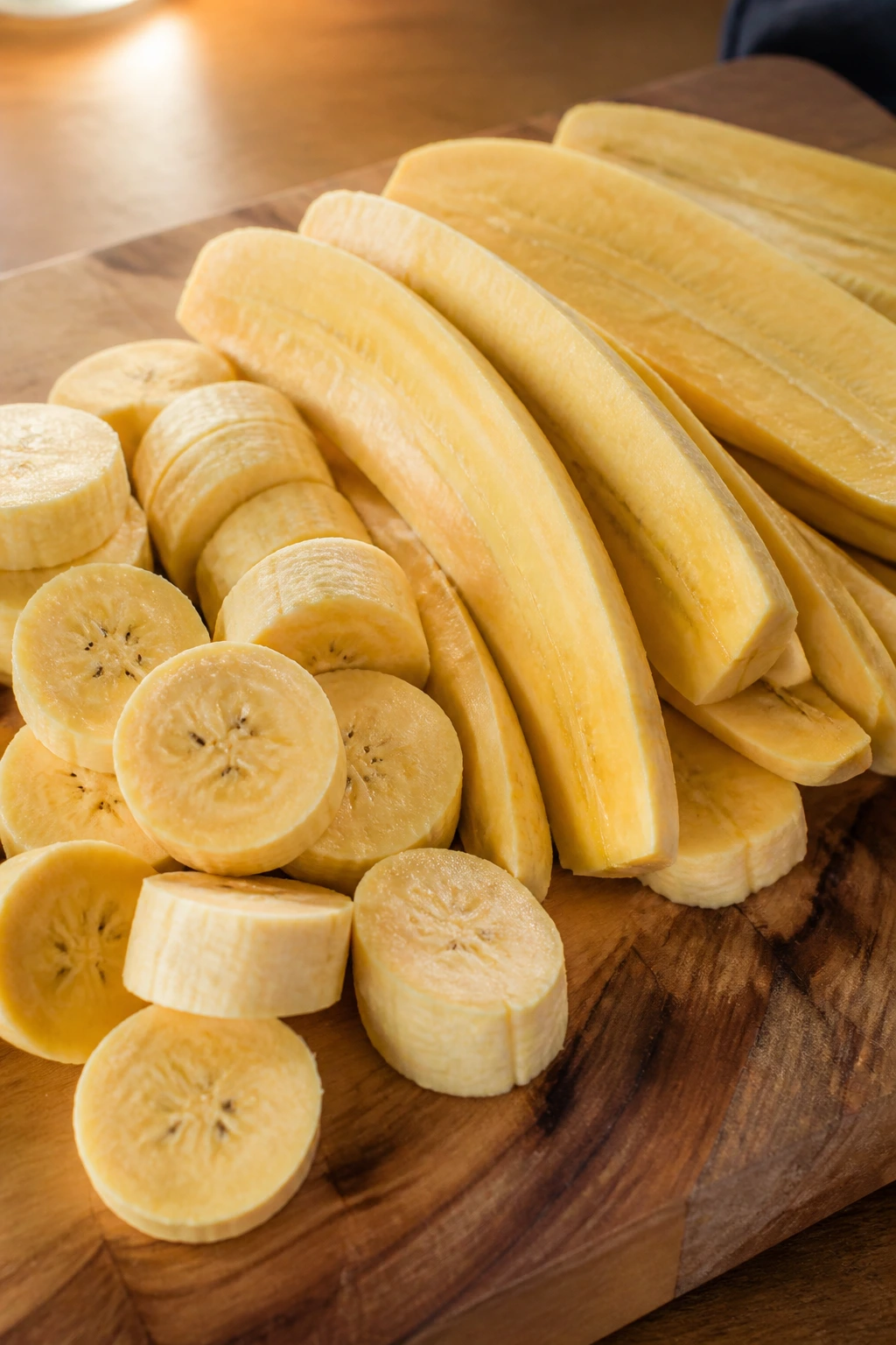Peeled plantains sliced into coins and strips on a cutting board