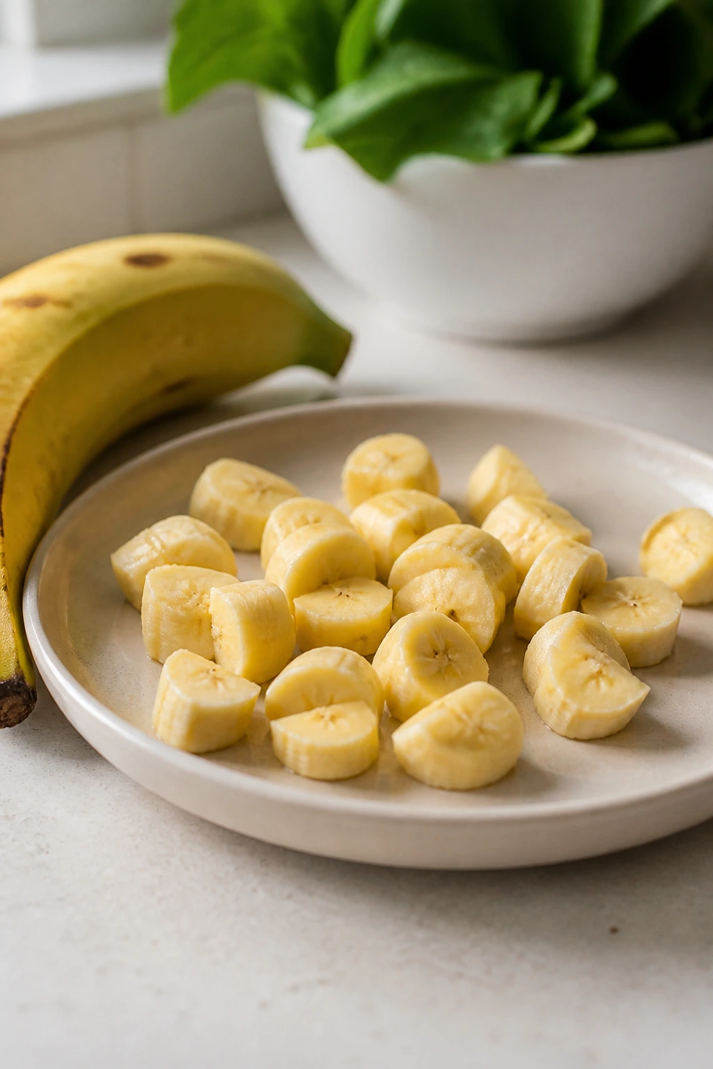 Can Guinea Pigs Eat Plantains? What You Need To Know 4 Small chopped plantain pieces on a plate ready as a snack for a guinea pig.