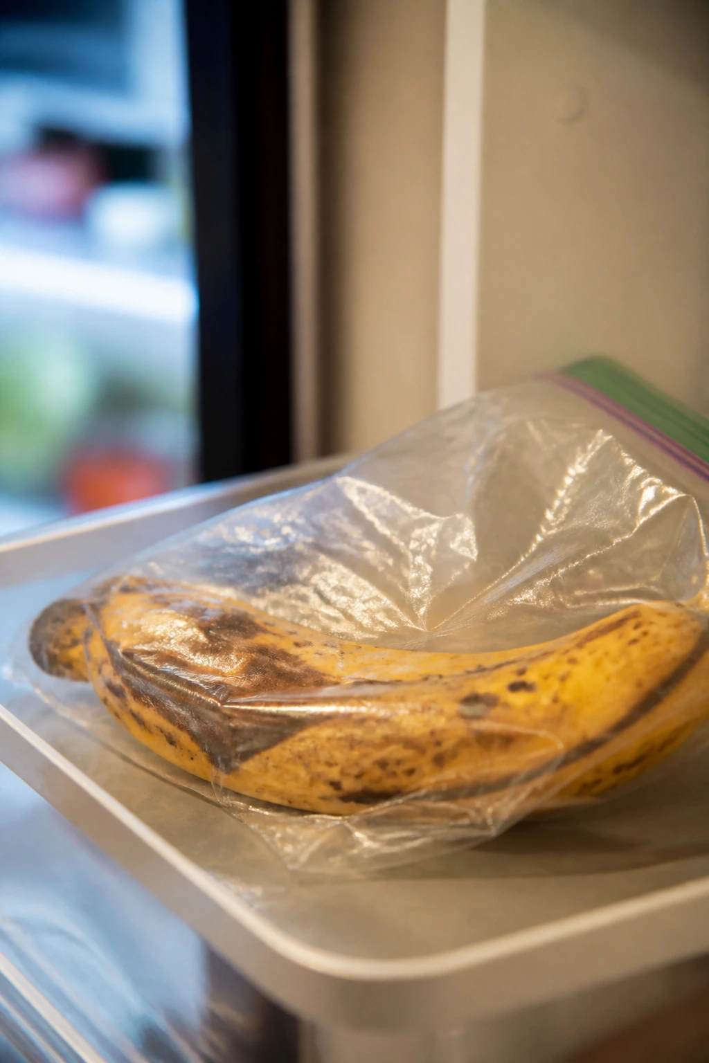 Ripe plantain inside a plastic bag on a kitchen shelf