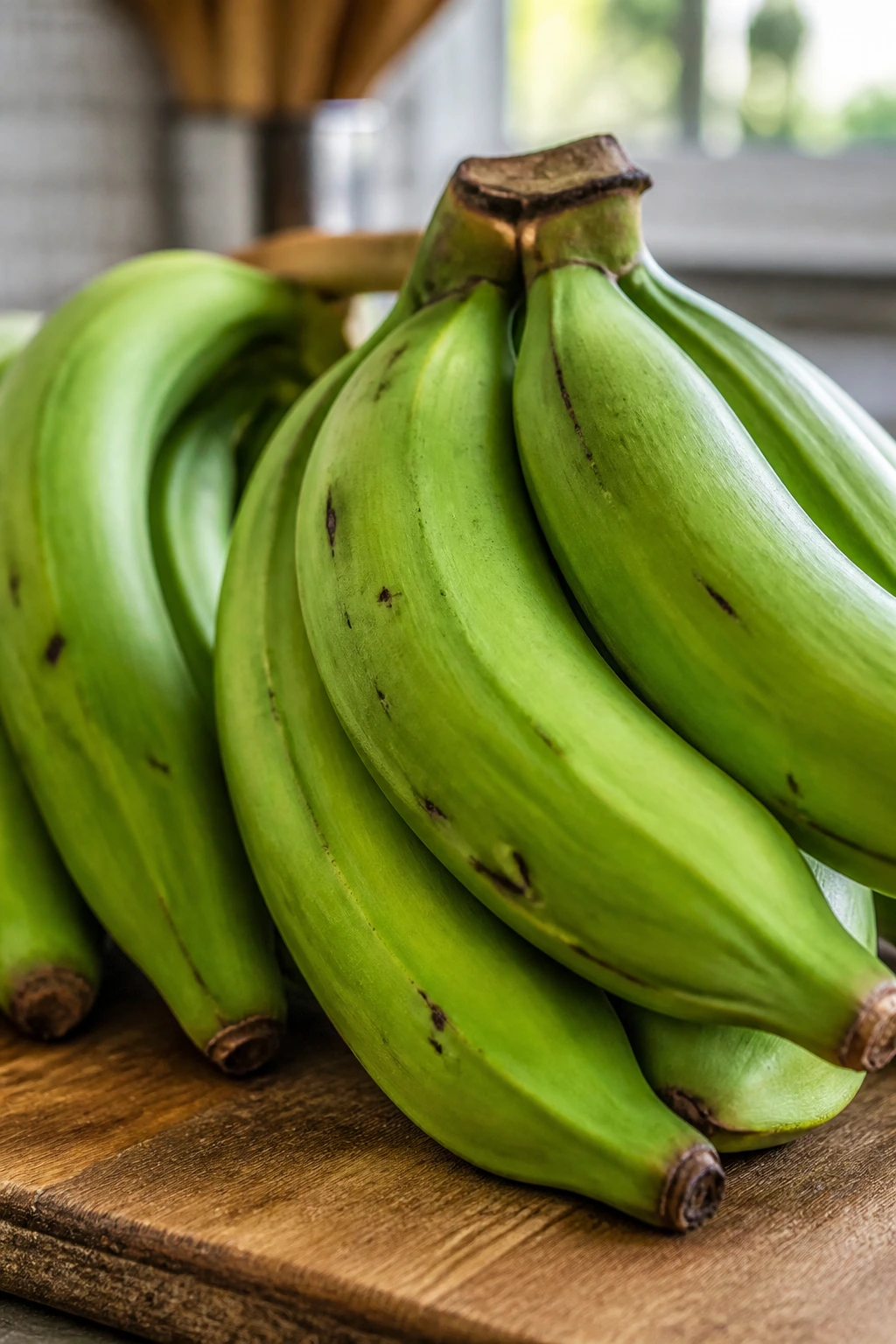 Close-up of unripe green plantains on a kitchen counter