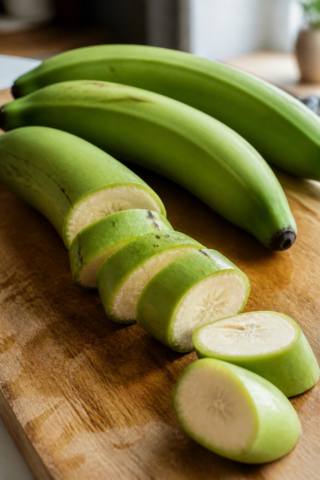 Are Plantains Low FODMAP? All You Need To Know 3 Close-up of green plantains on a cutting board