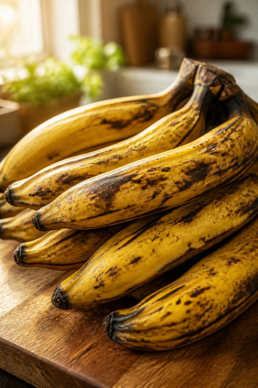 Is Plantain Good For Weight Loss? Yes, And Here's Why 1 Close-up of ripe plantains on a wooden cutting board in a sunlit kitchen