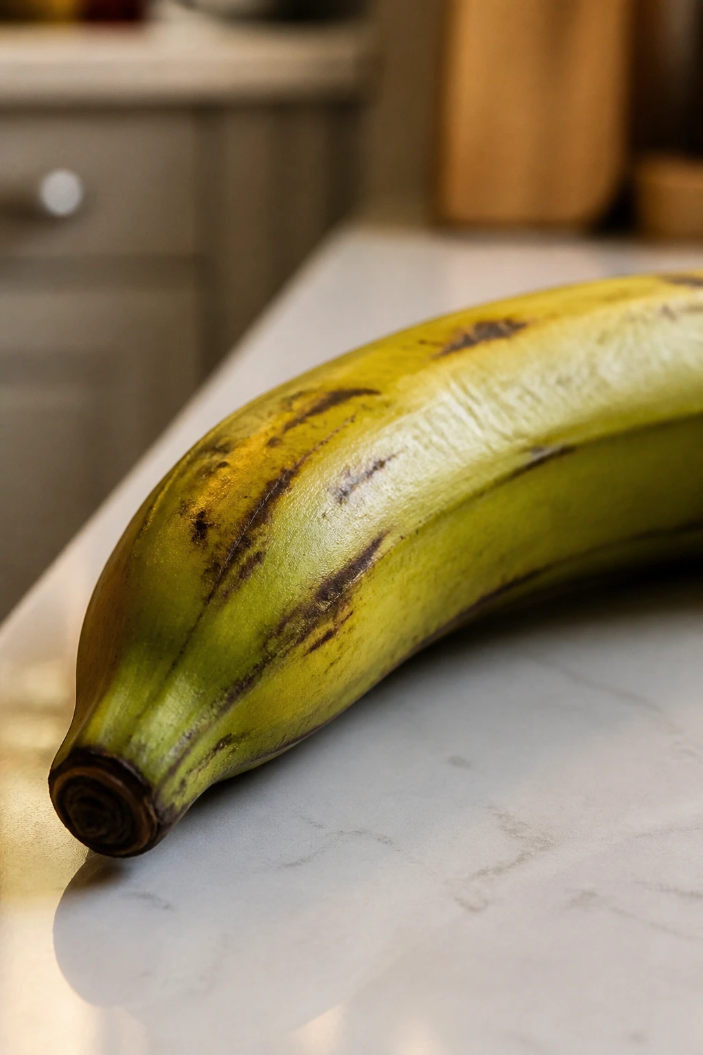Close-up of a whole plantain on a kitchen surface