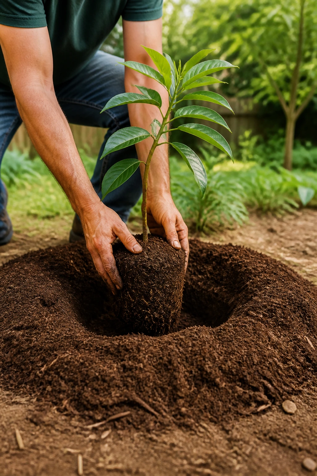 How To Make Avocado Tree Bear Fruit Faster (Complete Guide) 6 Hands planting a young avocado sapling into garden soil