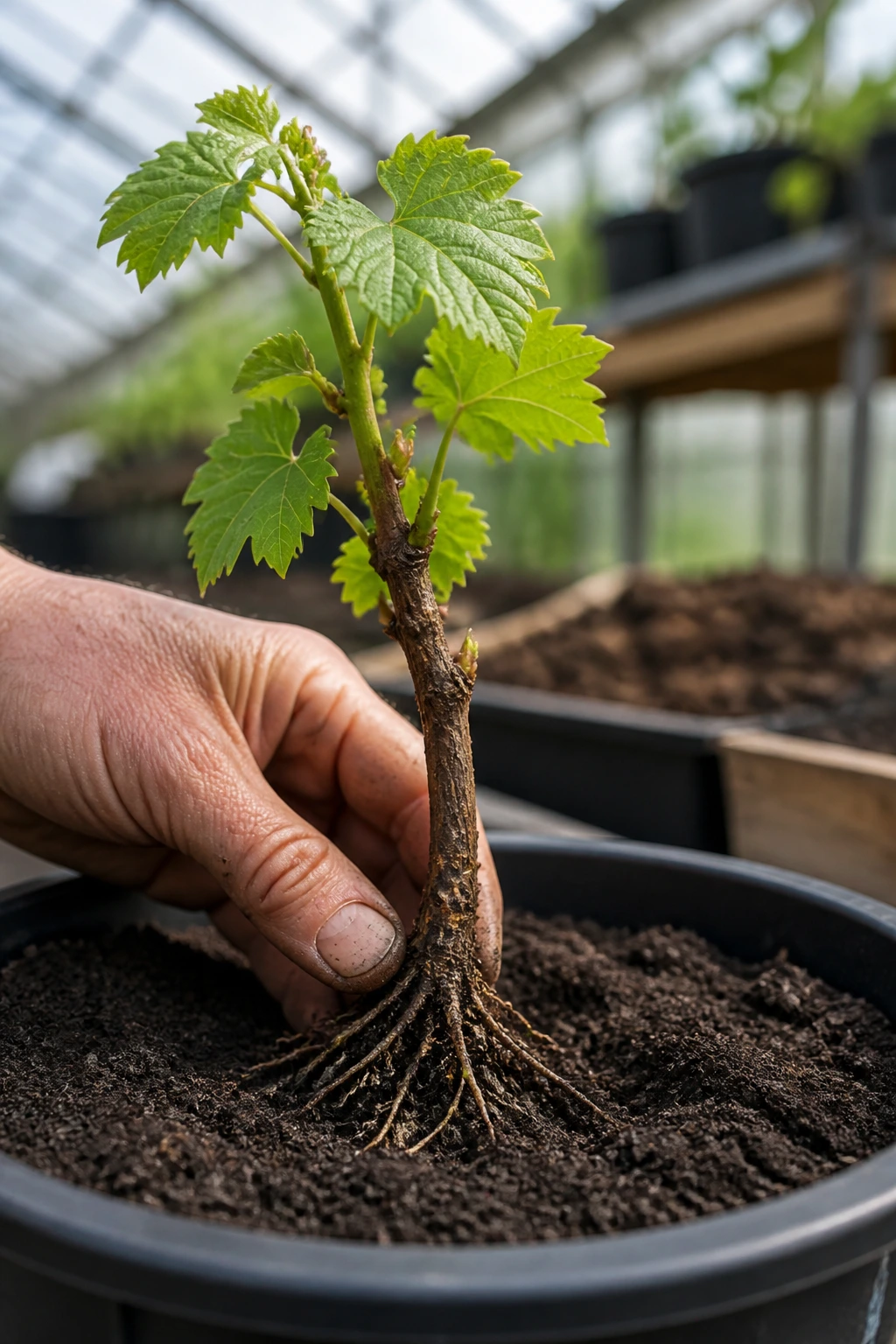 Can You Grow Grapes In A Greenhouse? Yes, And Here's How 8 Young grapevine being planted in soil inside greenhouse.