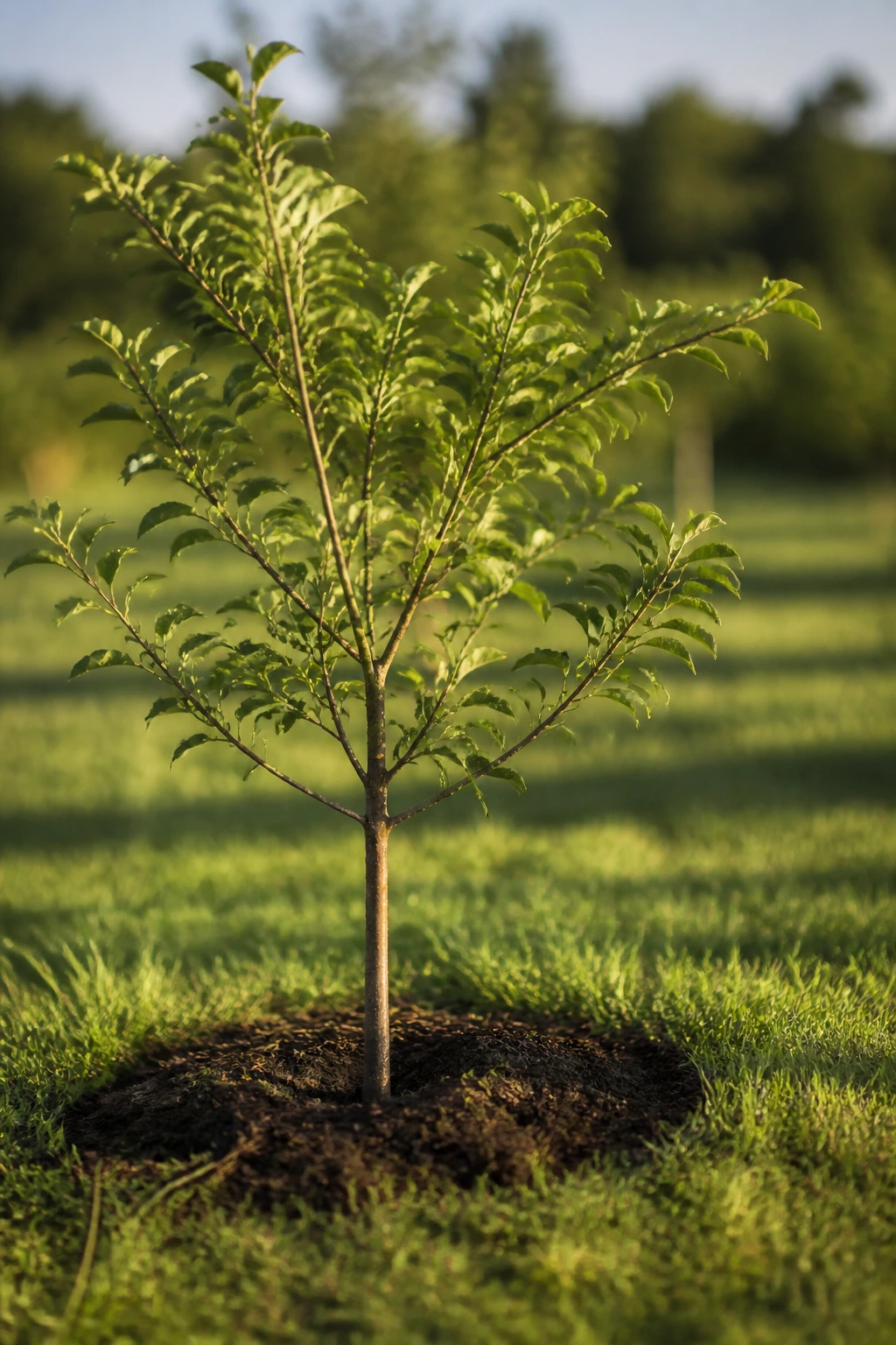 How To Protect Fruit Trees From Frost And Freeze Damage 2 Close up of a young fruit tree planted in grass in a garden emphasizing optimal planting location