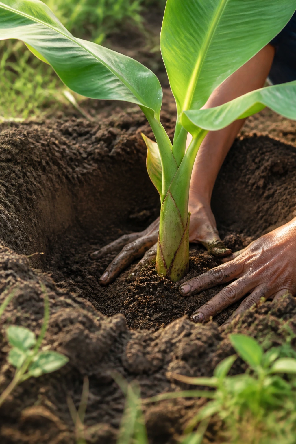 Young plantain sapling planted in deep hole with soil packed around