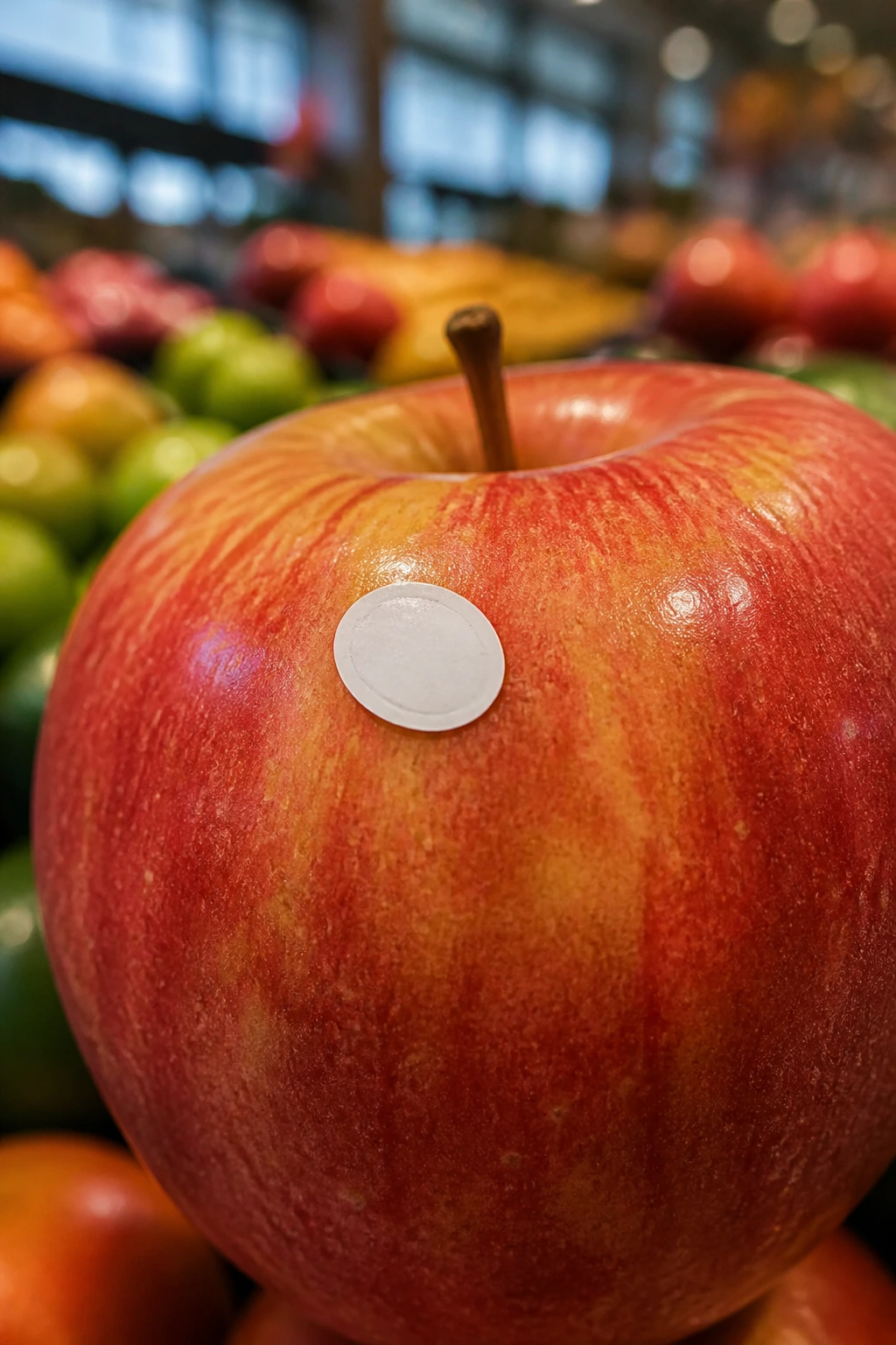 Understanding What Stickers on Fruits and Vegetables Mean 1 Close-up of a single fruit with a tiny sticker on its skin in a grocery store produce section