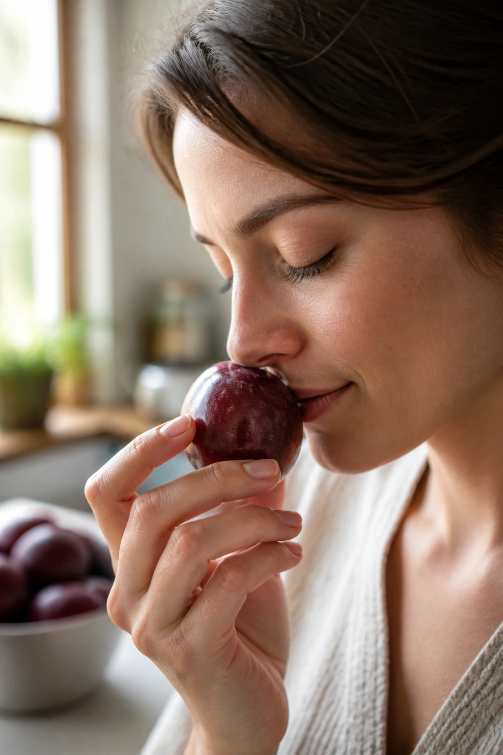 Person sniffing a plum in a bright kitchen.