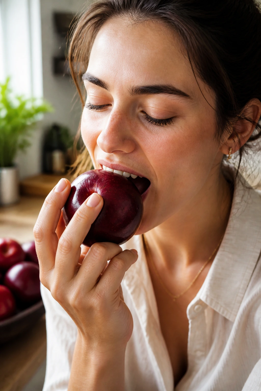 Real person about to bite into a plum in a cozy kitchen.