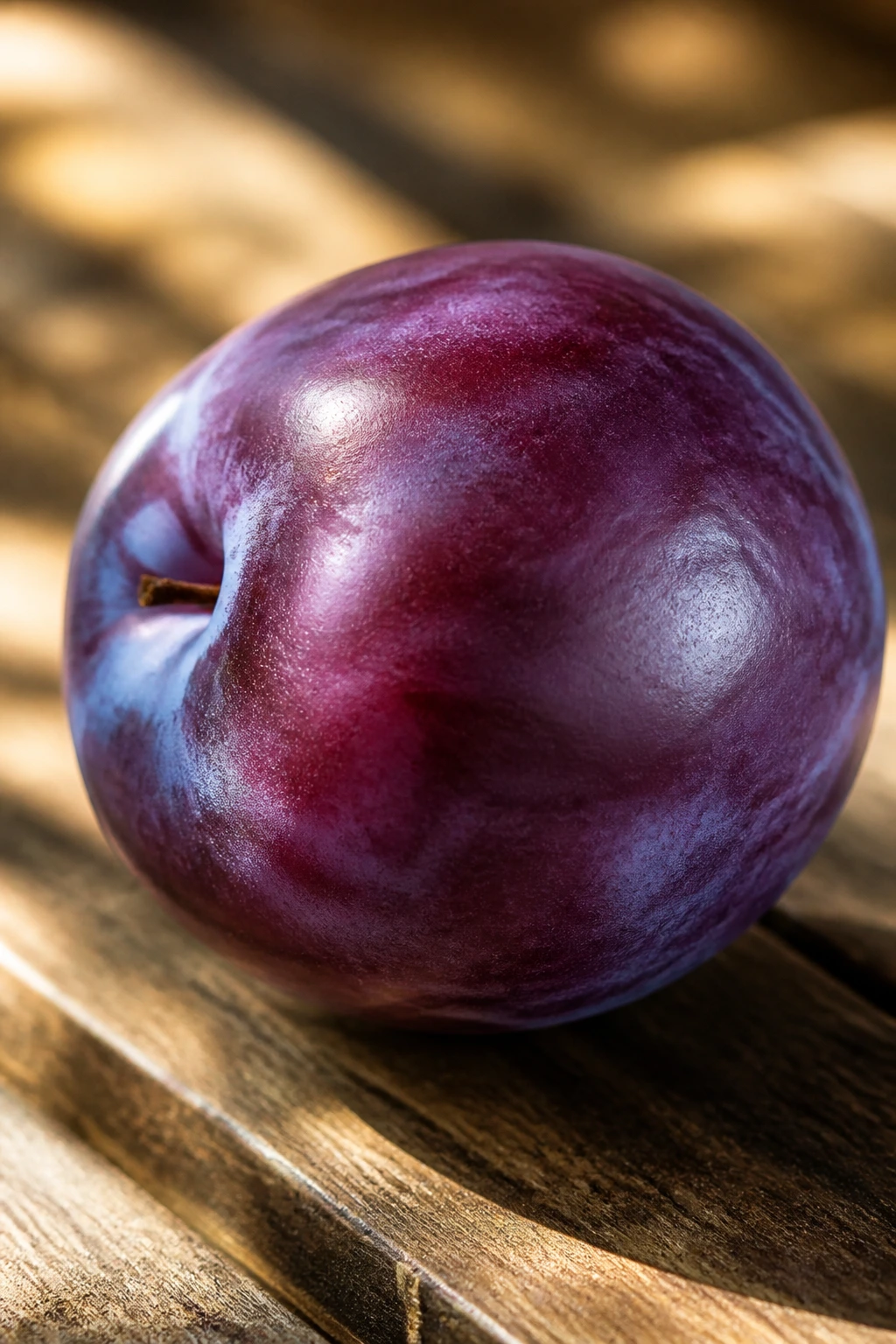 Close-up of a single purple plum on a wooden table