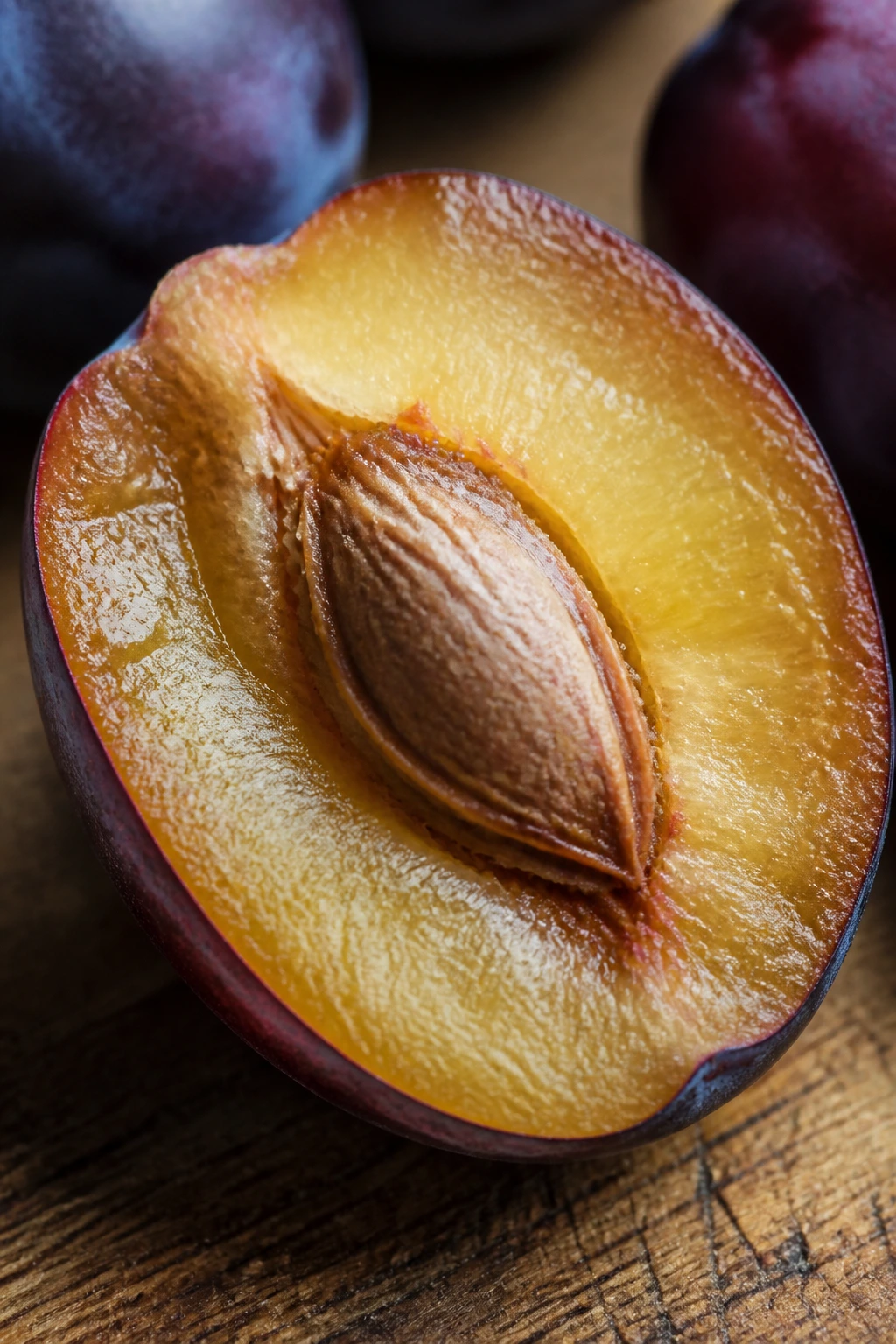 Halved plum showing the seed inside the pit.
