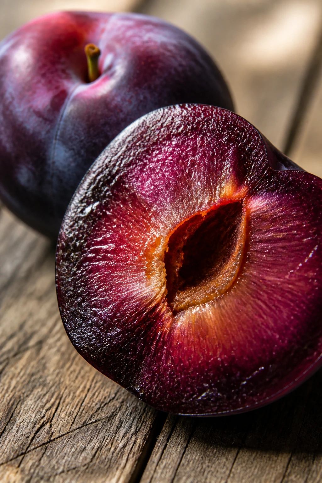 Close-up of a sliced plum showing juicy purple flesh and glossy skin.