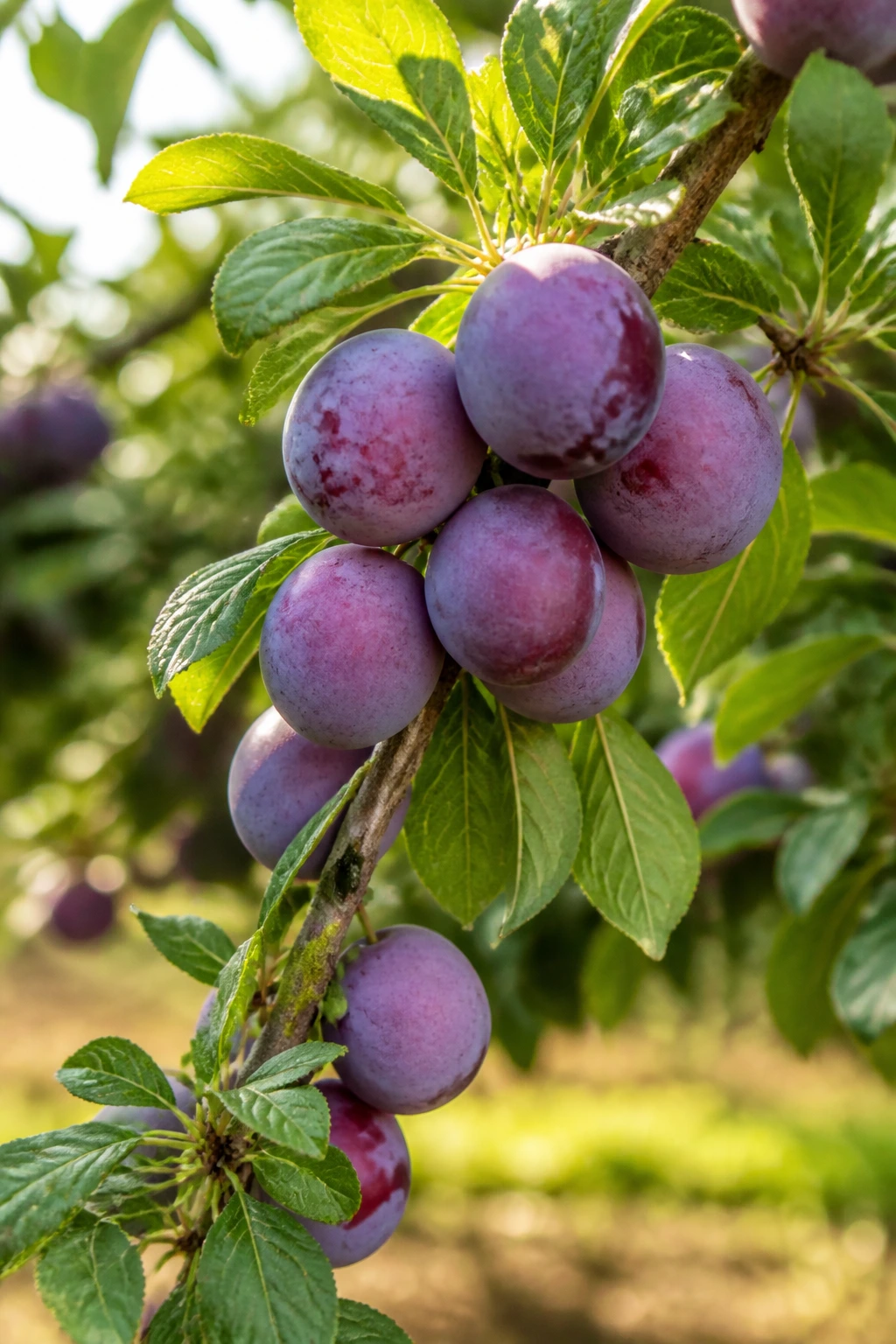 Close-up of plums on a plum tree branch in a sunlit orchard (Prunus spp).