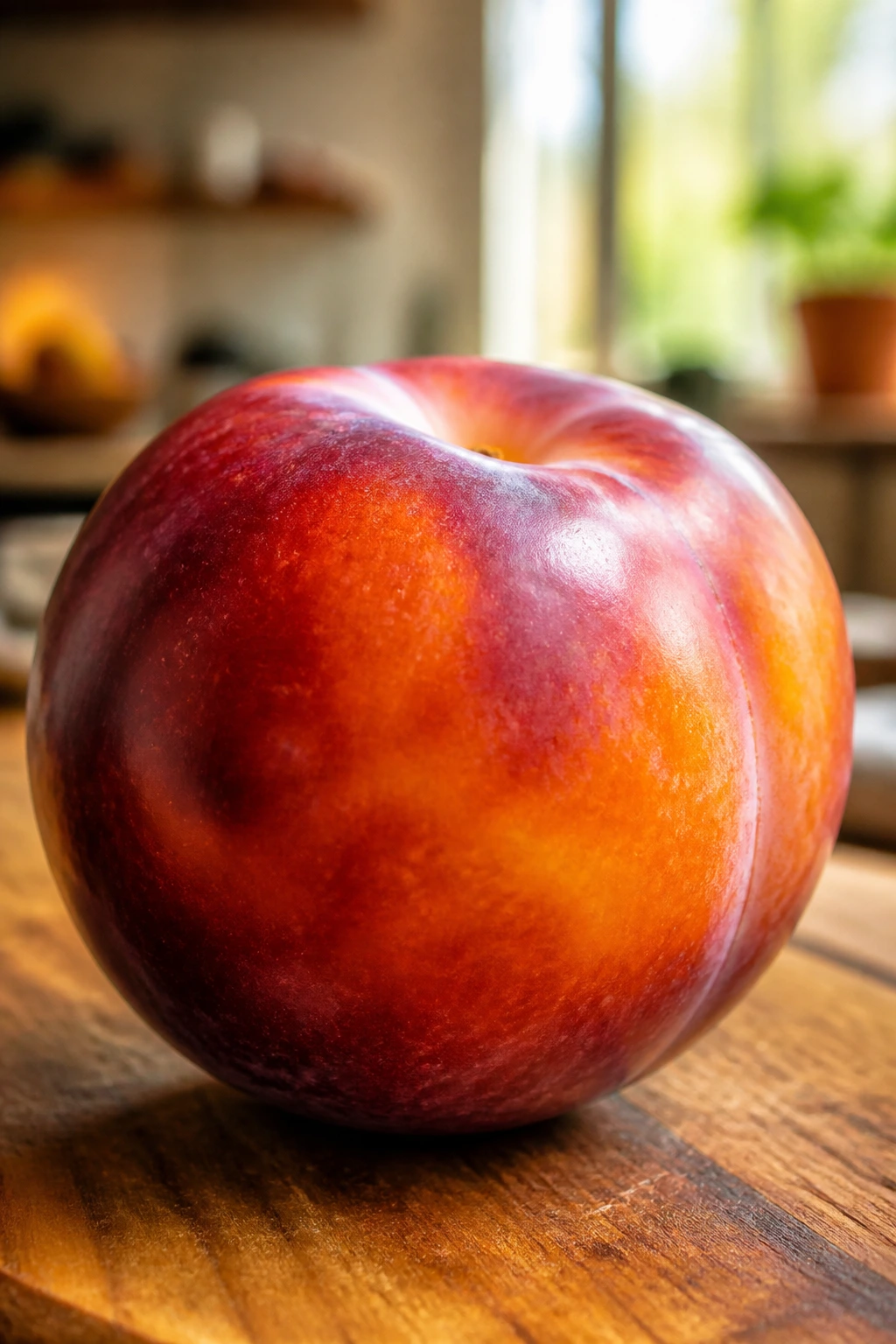 Close-up of a ripe plumcot with purple-orange skin on a wooden cutting board in warm kitchen light