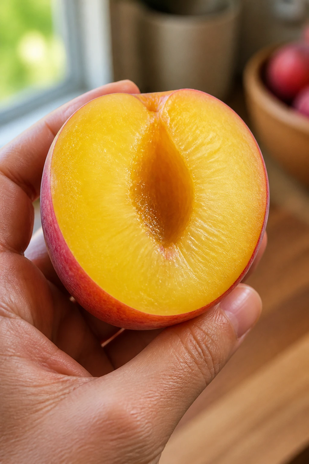 Close-up of a plumcot half held in a hand, showing juicy flesh in a warm kitchen