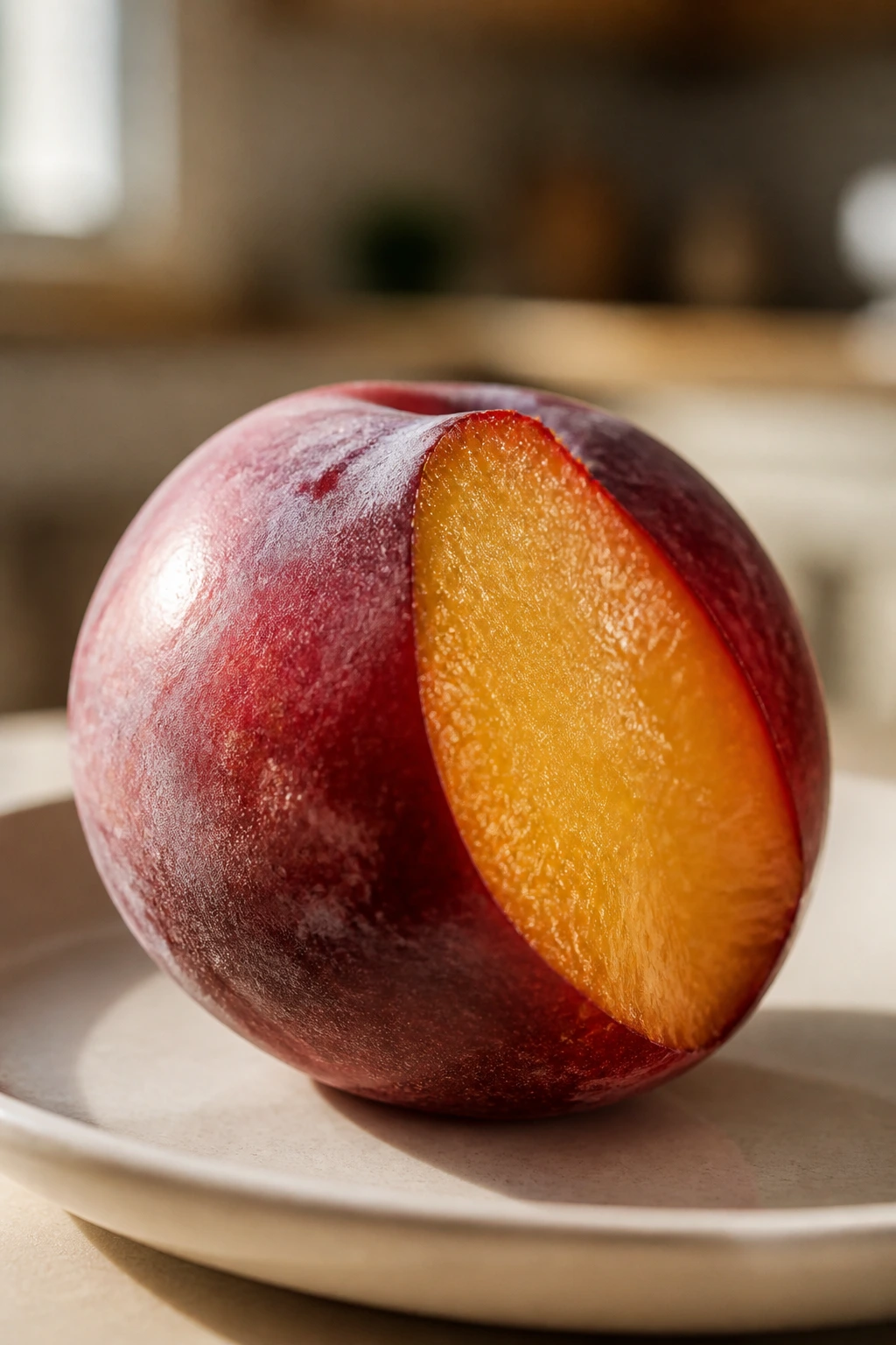 Close-up of a plumcot on a plate with fuzzy skin and exposed flesh