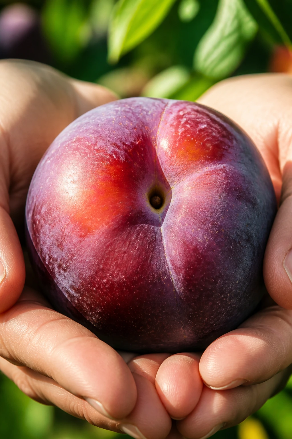 Close-up plumcot held in hands with garden light