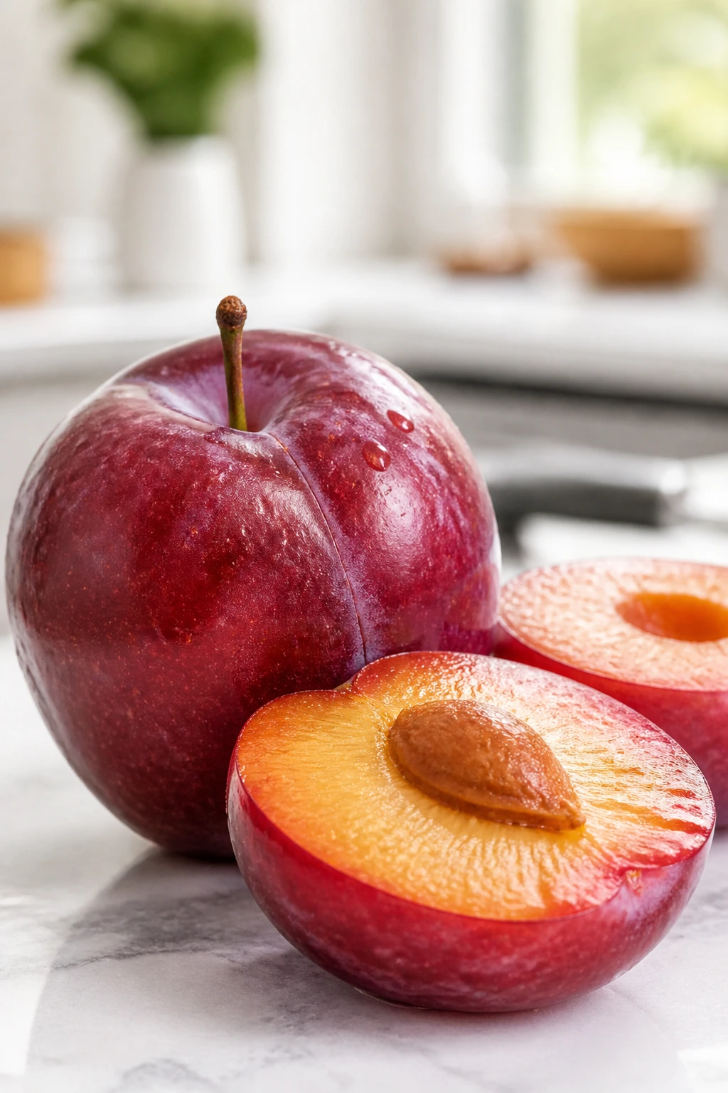 Vibrant plumcot close-up in a bright kitchen setting