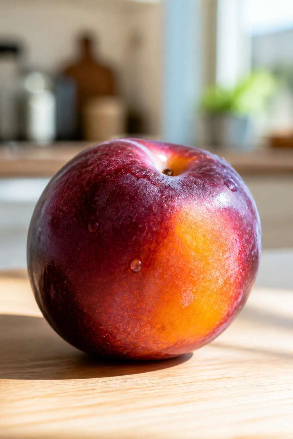 Close-up of a plumcot on a wooden surface in bright kitchen light