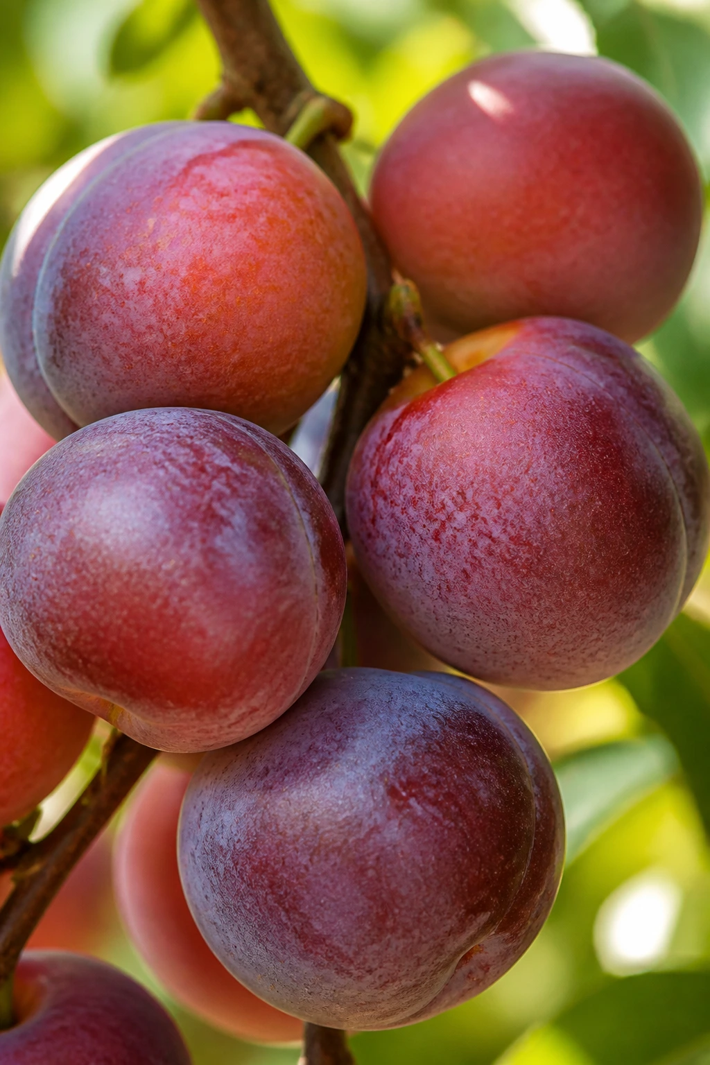 Cluster of ripe plumcots on a branch in garden sunlight