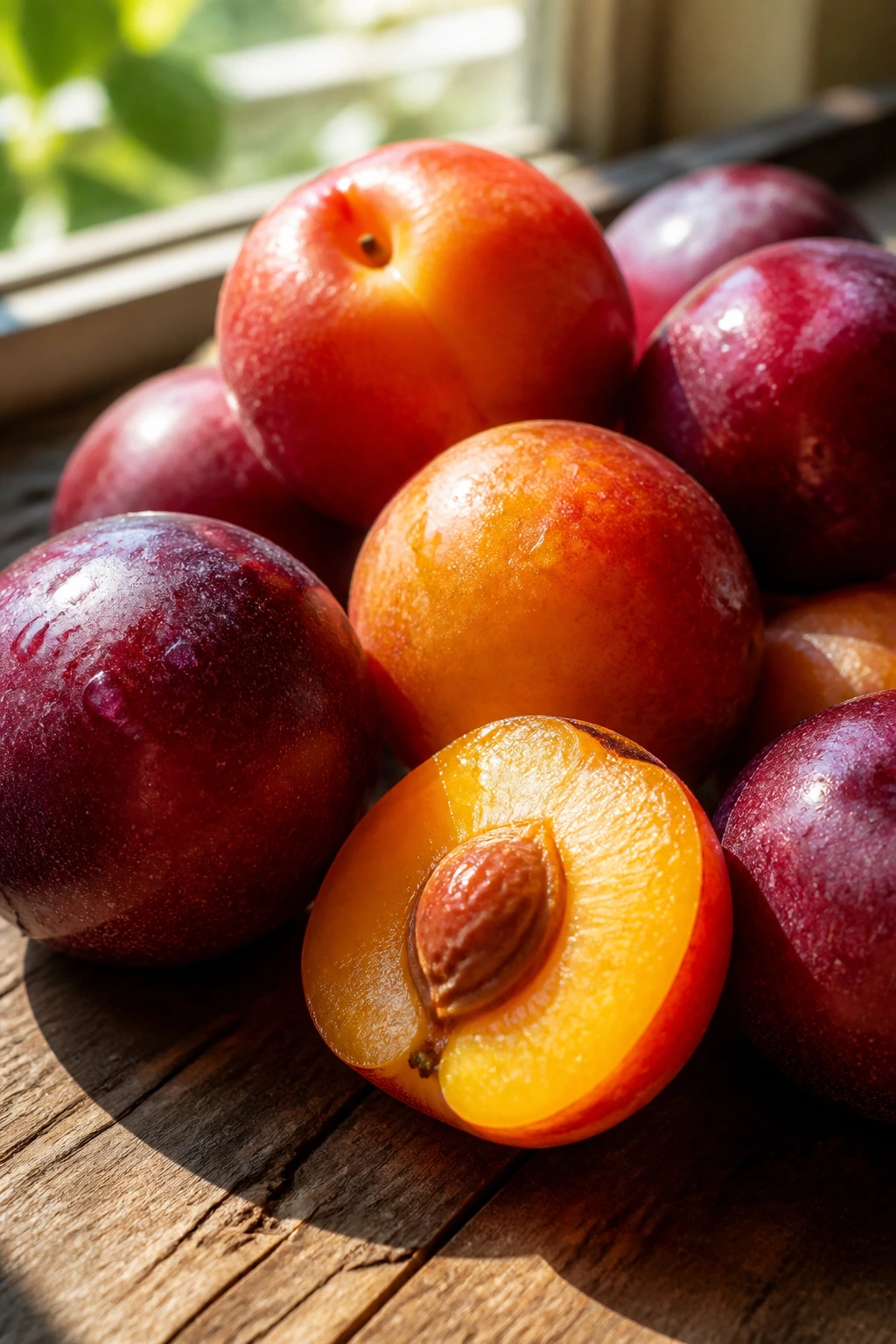 Pile of plumcots on wooden surface under bright natural light