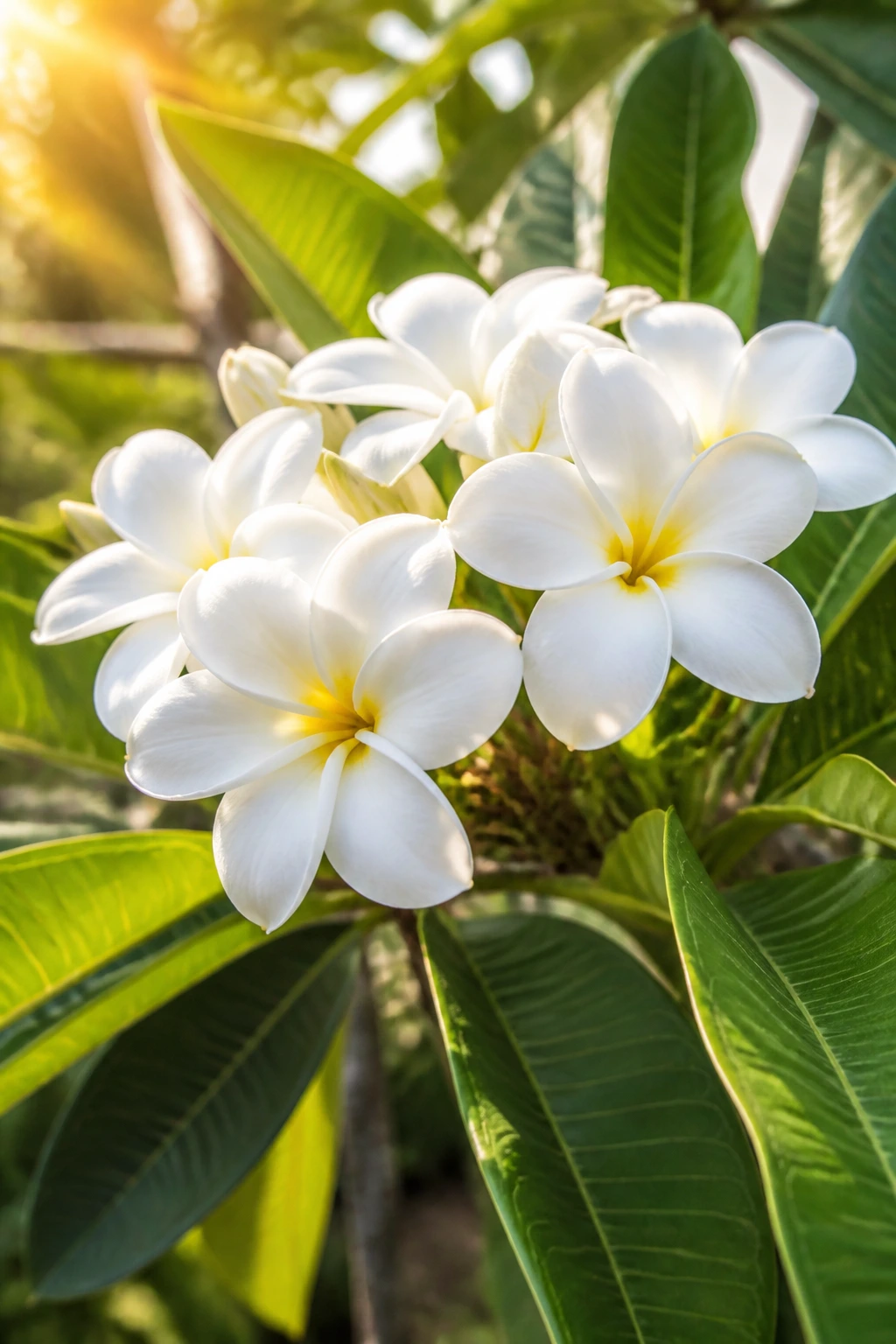 How To Grow Plumeria Seeds: Step-By-Step Guide 2 Close-up of a healthy plumeria plant with blossoms in a sunlit garden