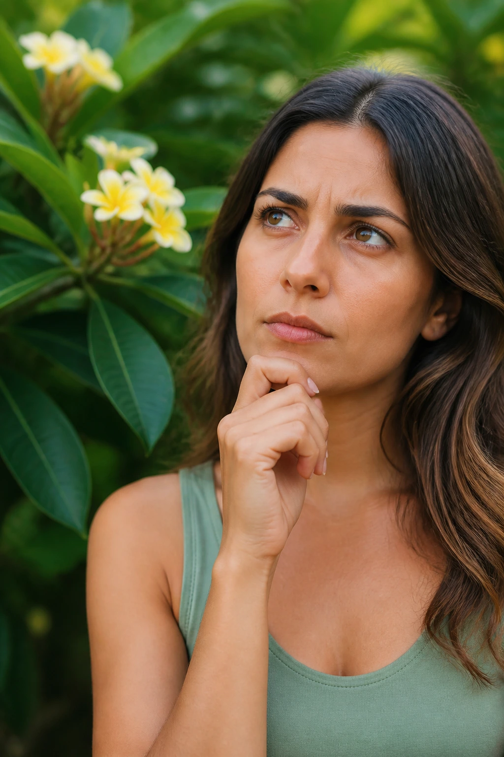 How To Grow Plumeria Seeds: Step-By-Step Guide 3 Portrait of a person in a garden contemplating plumeria growing questions