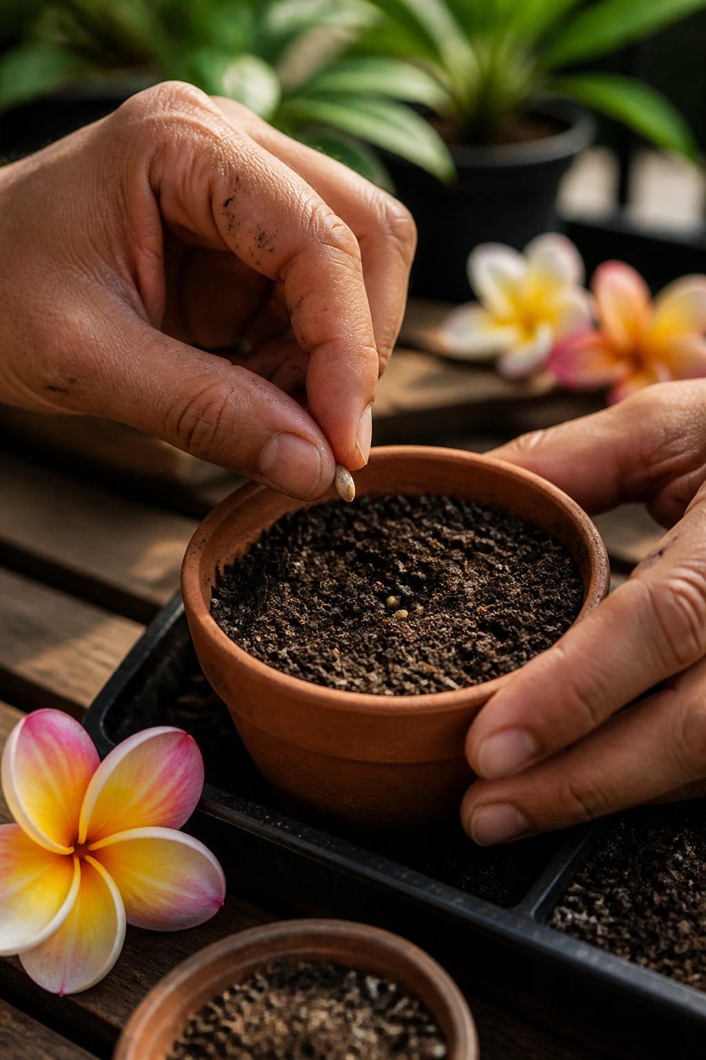 How To Grow Plumeria Seeds: Step-By-Step Guide 1 Close-up of hands planting plumeria seeds into moist seed-starting mix in a pot