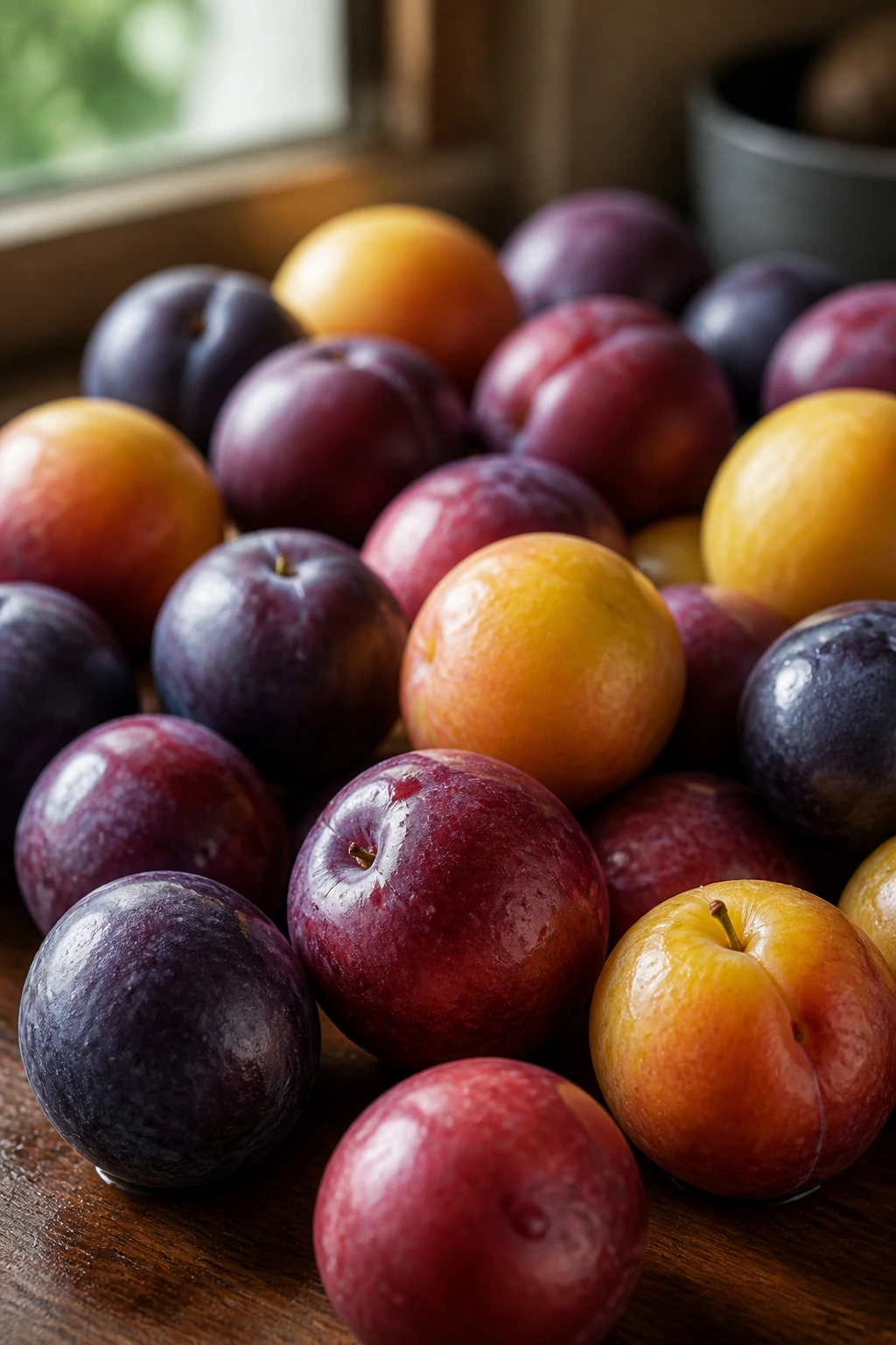 Group of colorful plums on a wooden table in warm light