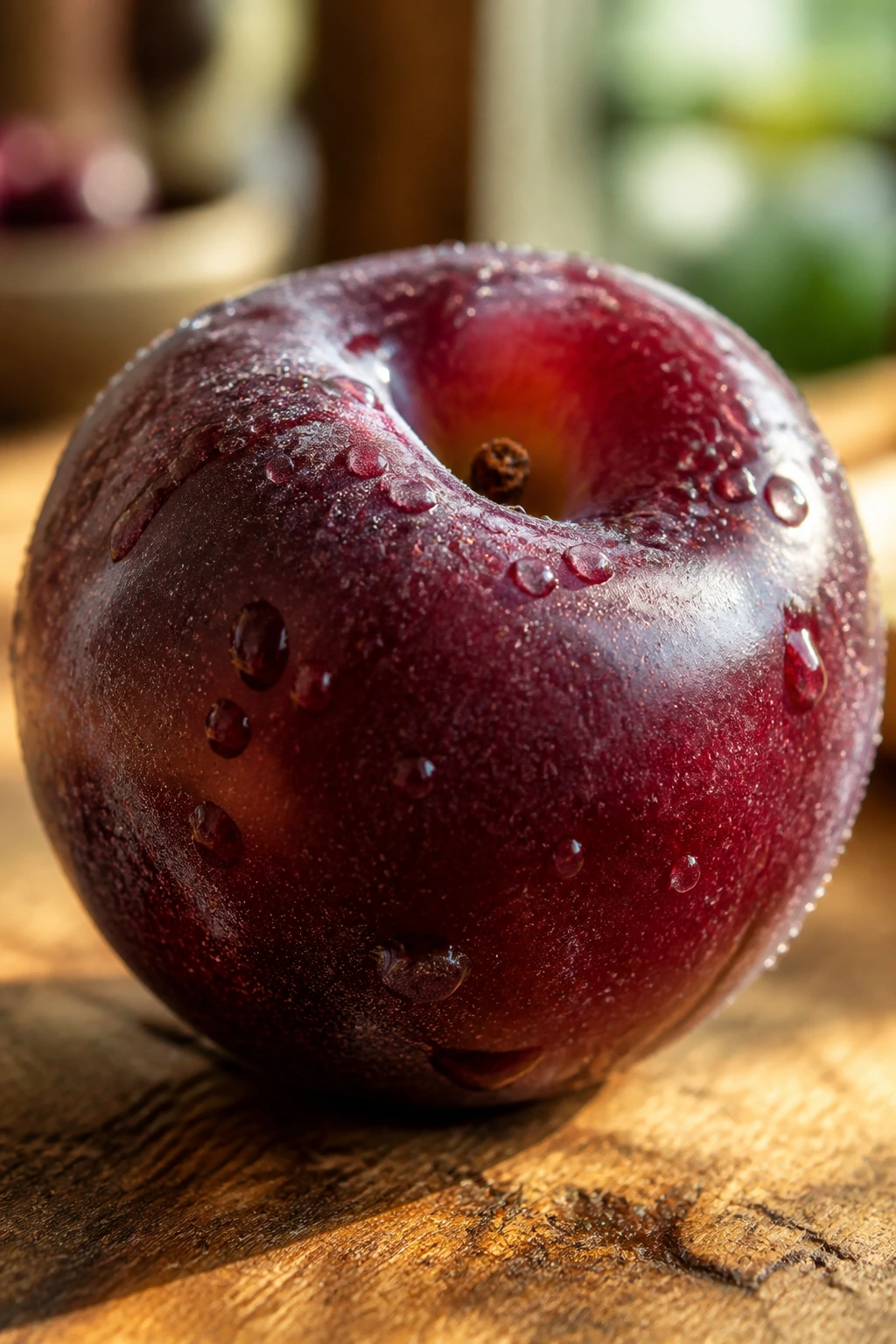 Close-up of a ripe plum with glossy skin on a wooden cutting board