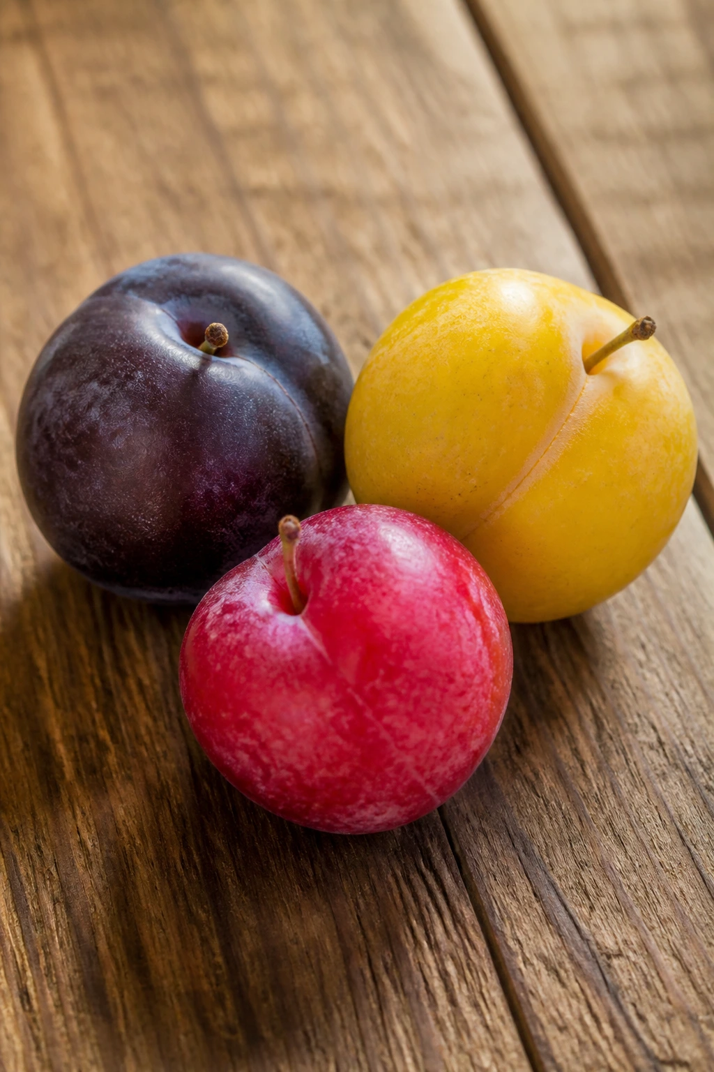 Three plums of different colors (black, yellow, red) on a wooden surface.