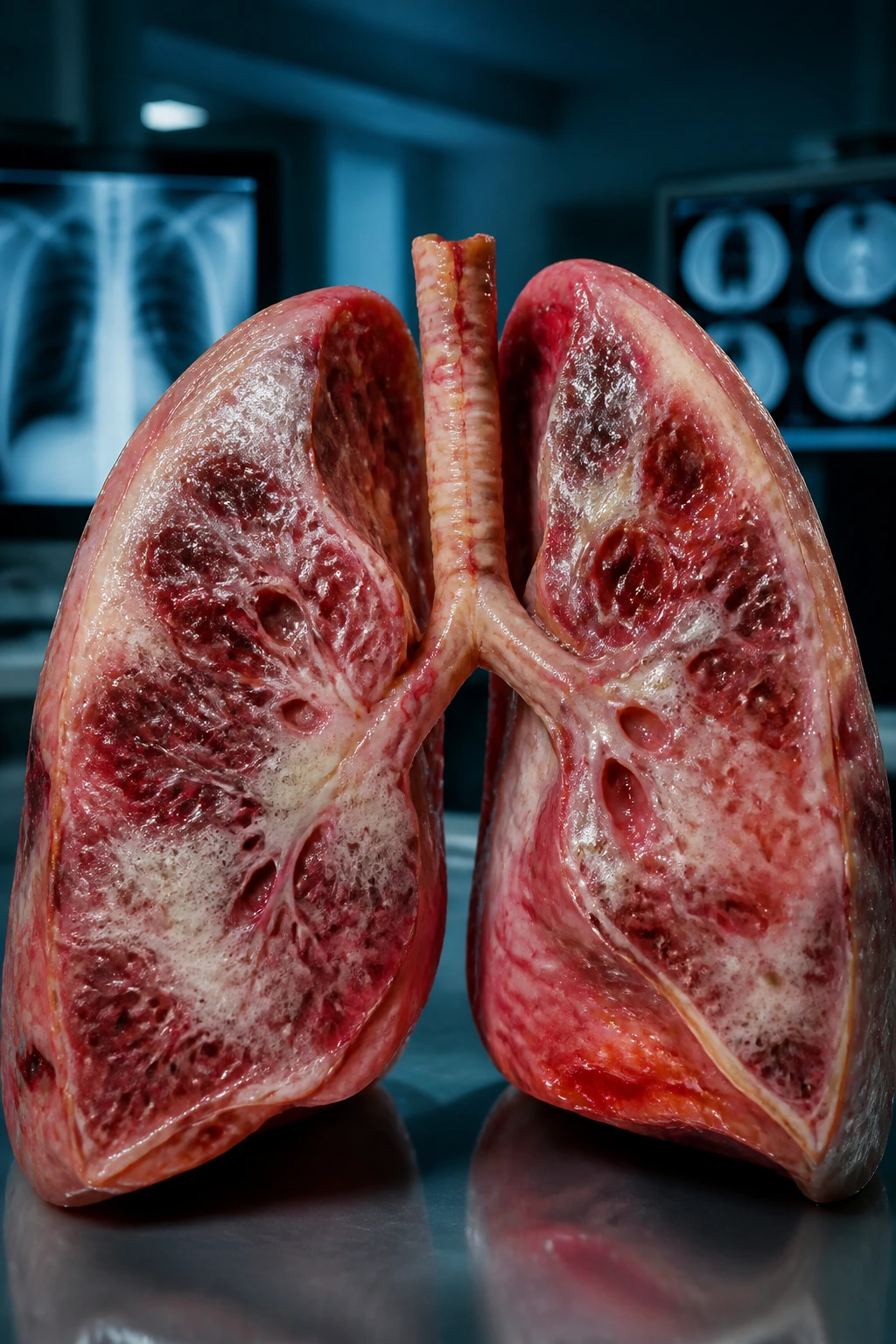 Close-up medical illustration of inflamed lungs indicating pneumonia