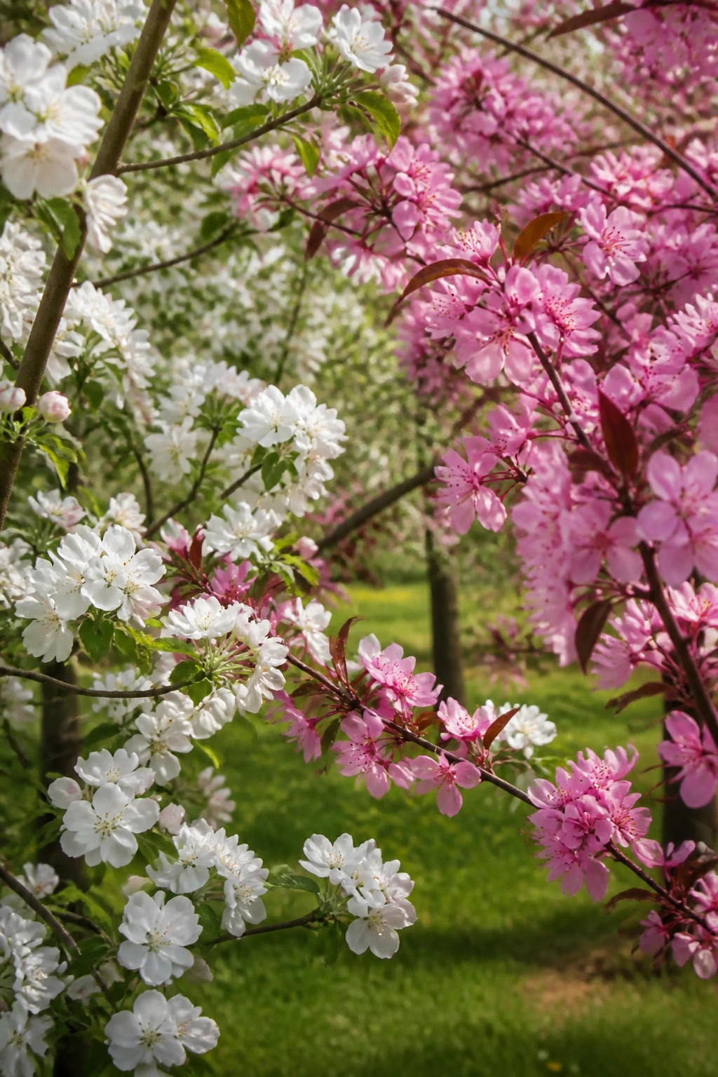 What Fruit Trees Need Two To Pollinate? What Goes With What? 1 Close-up of two flowering fruit trees in an orchard illustrating pollination partner concept
