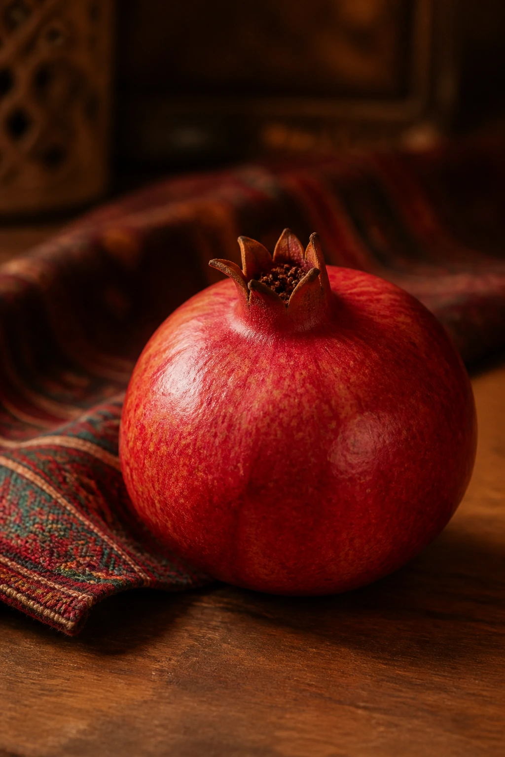Close-up of a pomegranate on wood with warm light and textile.