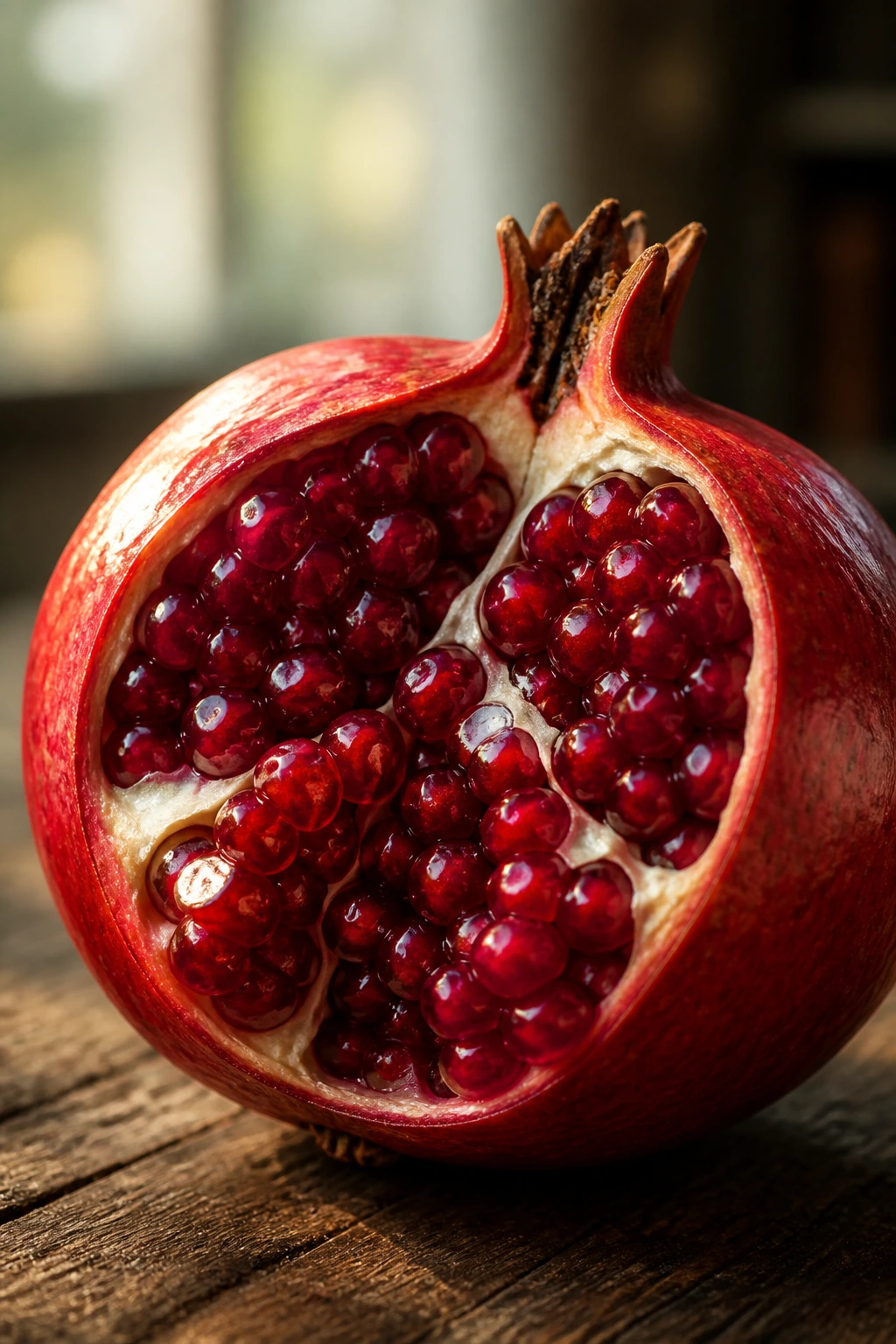 Close-up of a ripe pomegranate cut to reveal red arils.